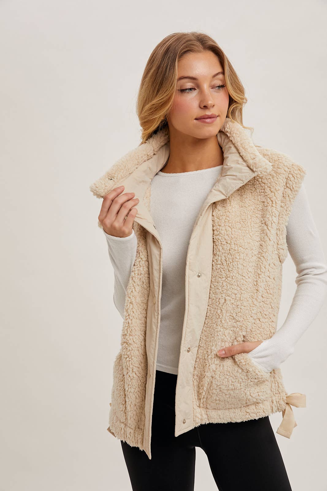 BUTTON DOWN MOCK NECK FLEECE SHERPA VEST