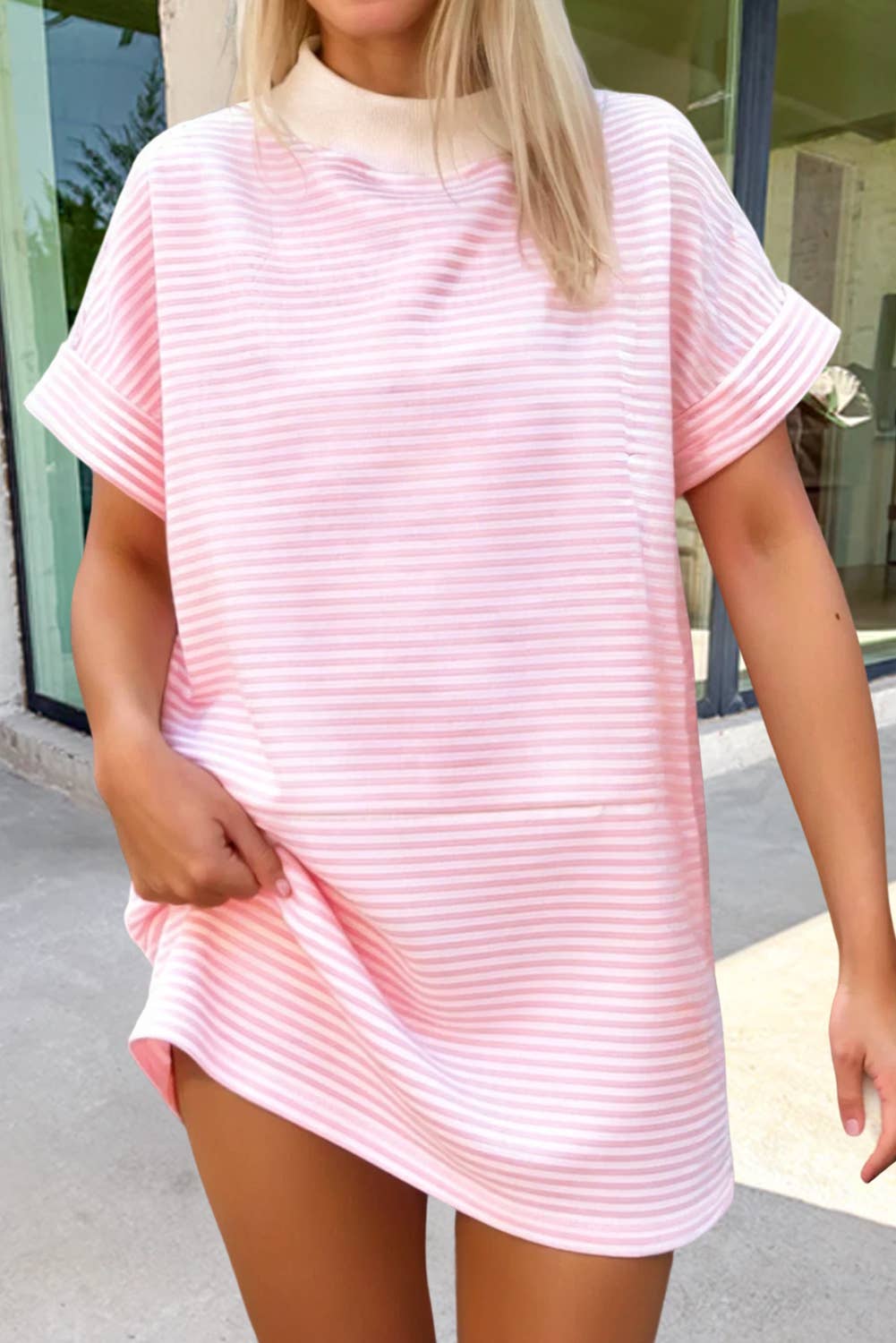Striped Print  Mock Neck Mini Dress | S-XL