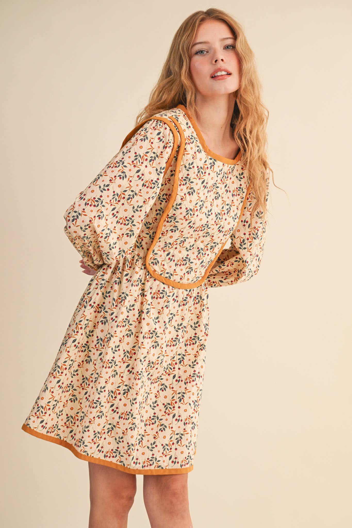 Quilted Floral Mini Dress – Puff Sleeve Open Back Detail