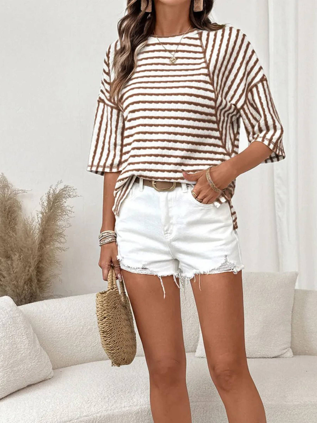 Striped Crew Neck Short Sleeve Blouse