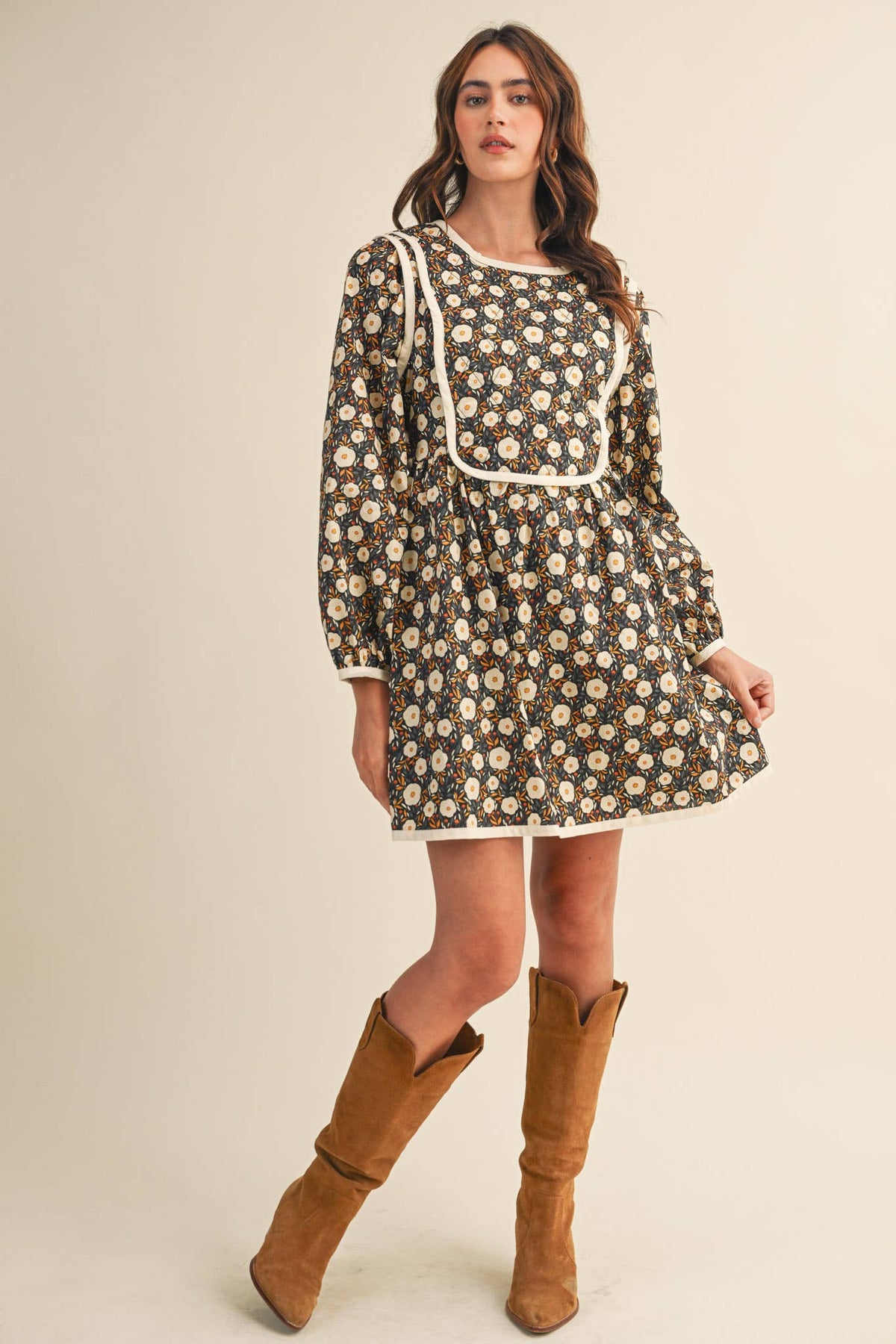 Quilted Floral Mini Dress – Puff Sleeve Open Back Detail