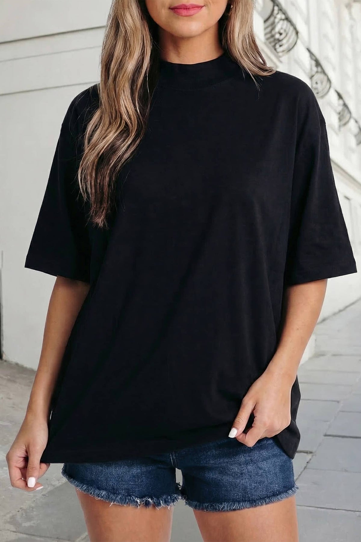 Solid Color Mock Neck Loose Fit Tee | S-XL