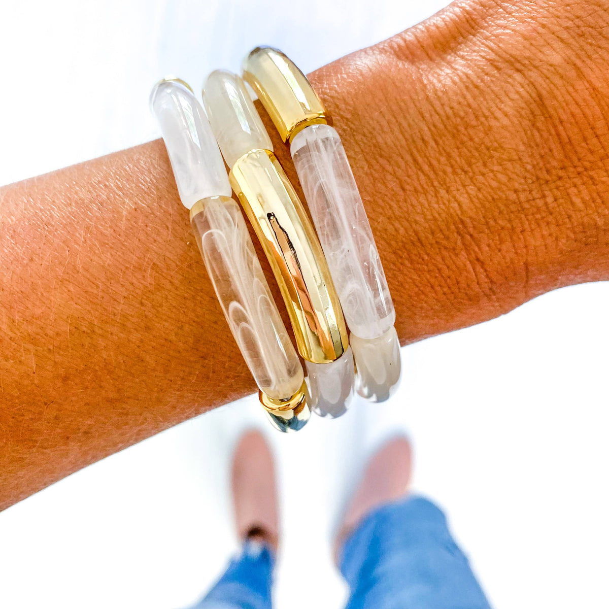 Clear Ivory Marble Acrylic Tube Bamboo Bracelet