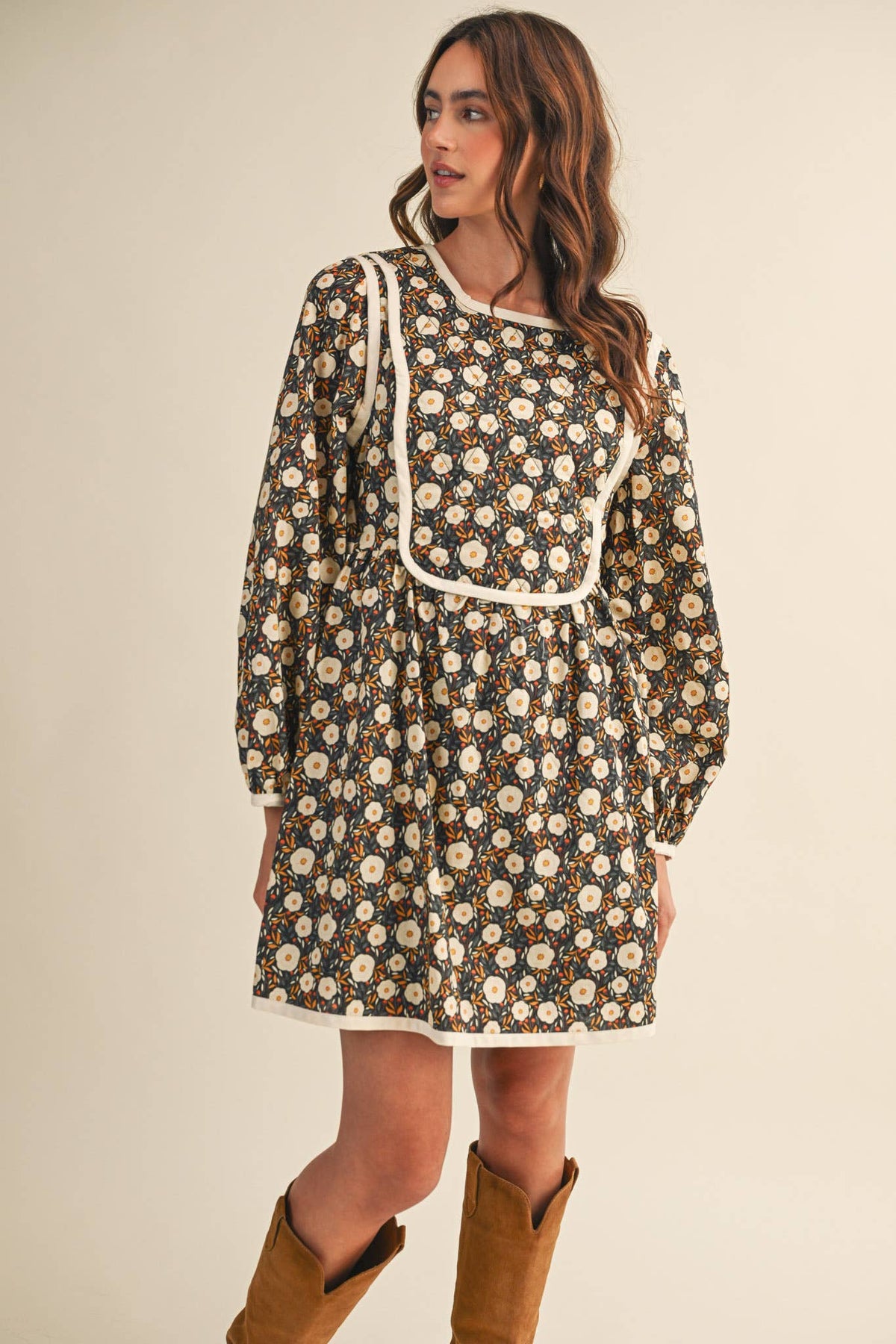 Quilted Floral Mini Dress – Puff Sleeve Open Back Detail