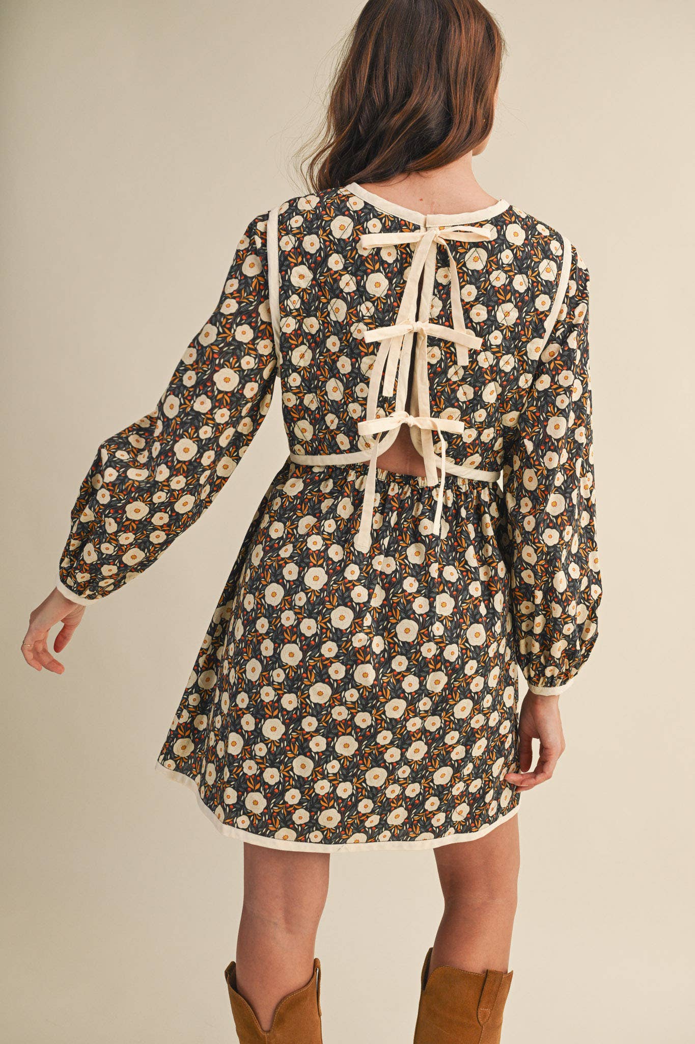 Quilted Floral Mini Dress – Puff Sleeve Open Back Detail