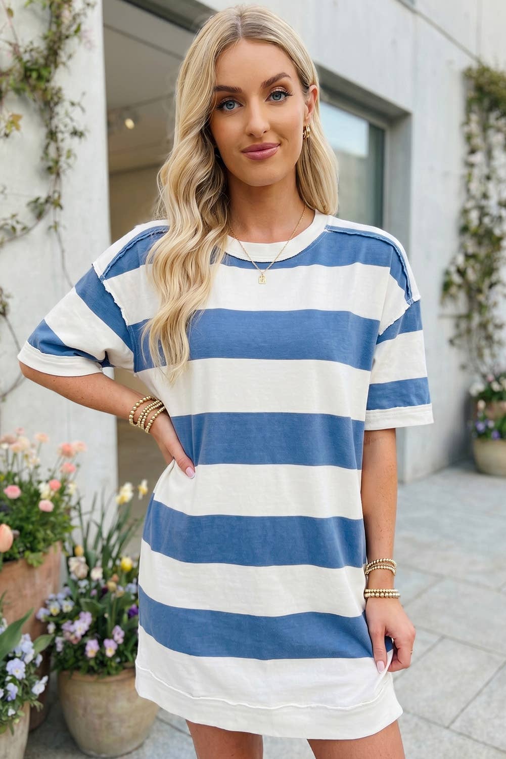 Stripe Raw Seam Shoulder Detail Casual Tee Dress