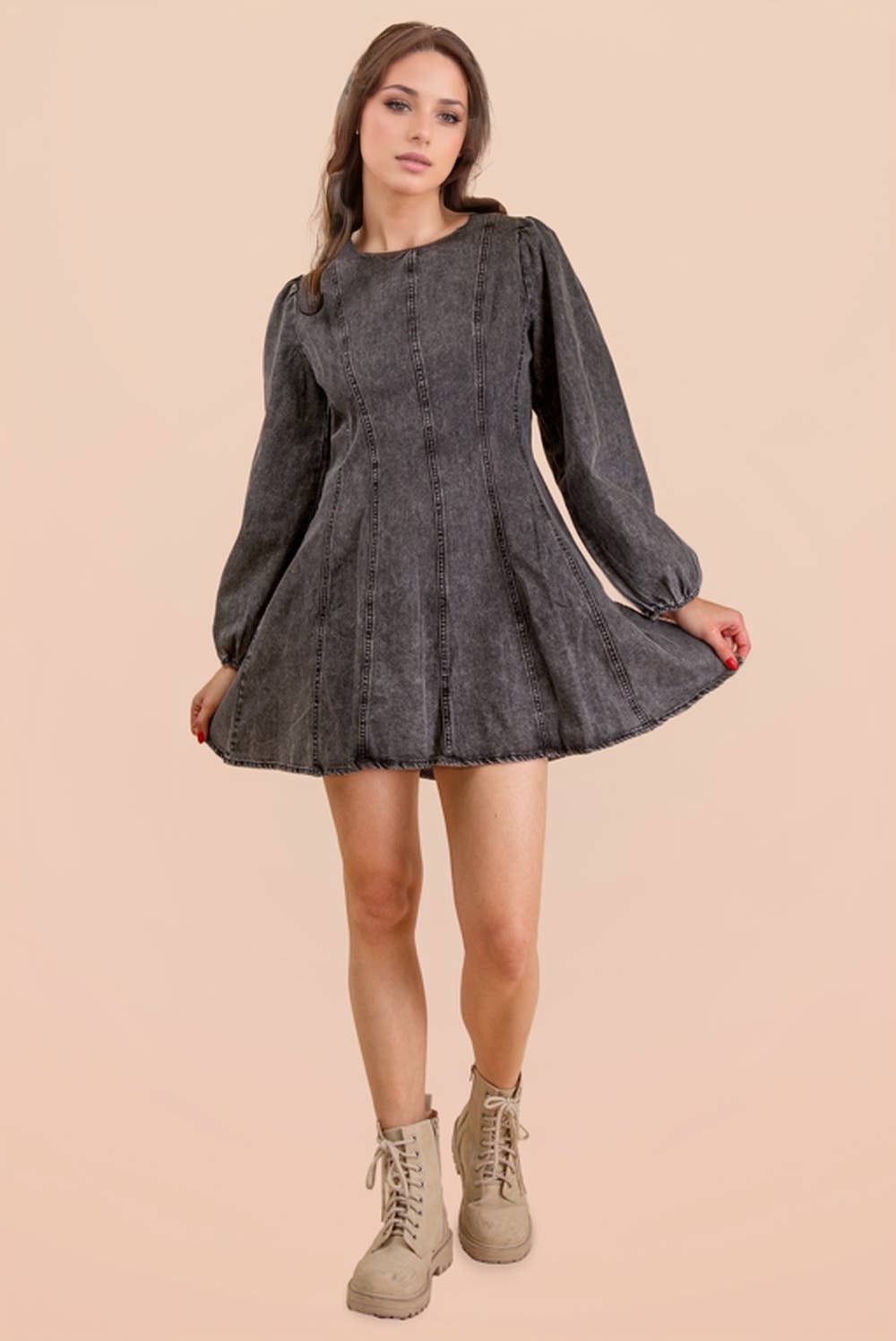Mineral Washed Denim Mini Dress – Long Sleeve Round Neck