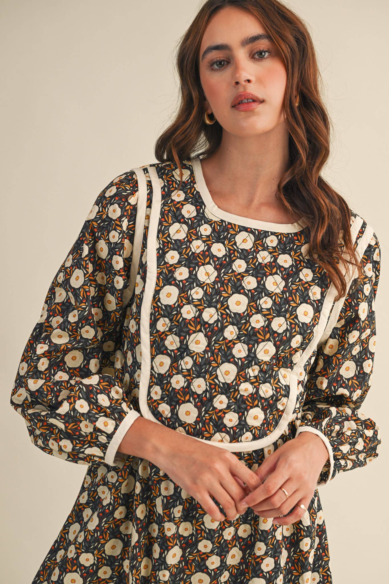 Quilted Floral Mini Dress – Puff Sleeve Open Back Detail