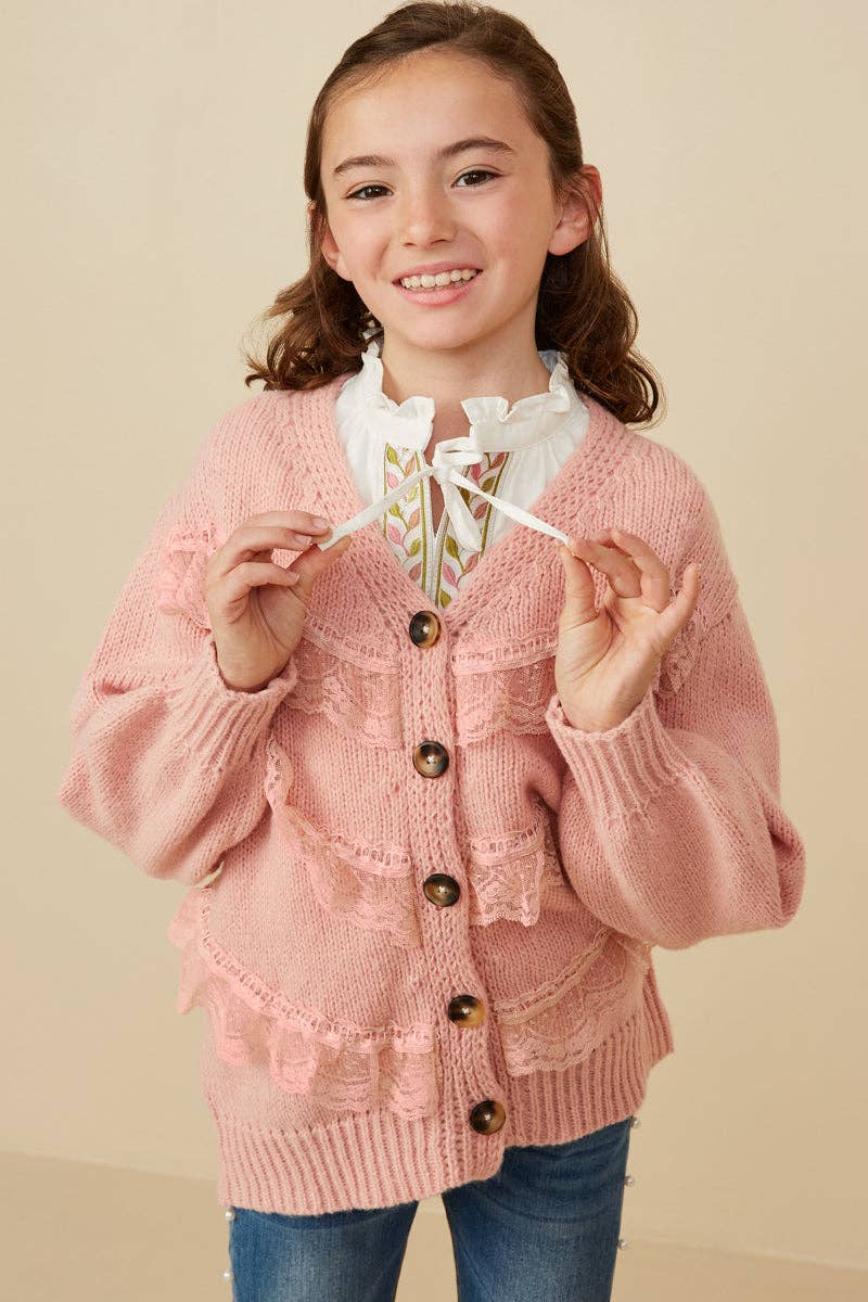 Girls Lace Frilled Buttoned Sweater Cardigan