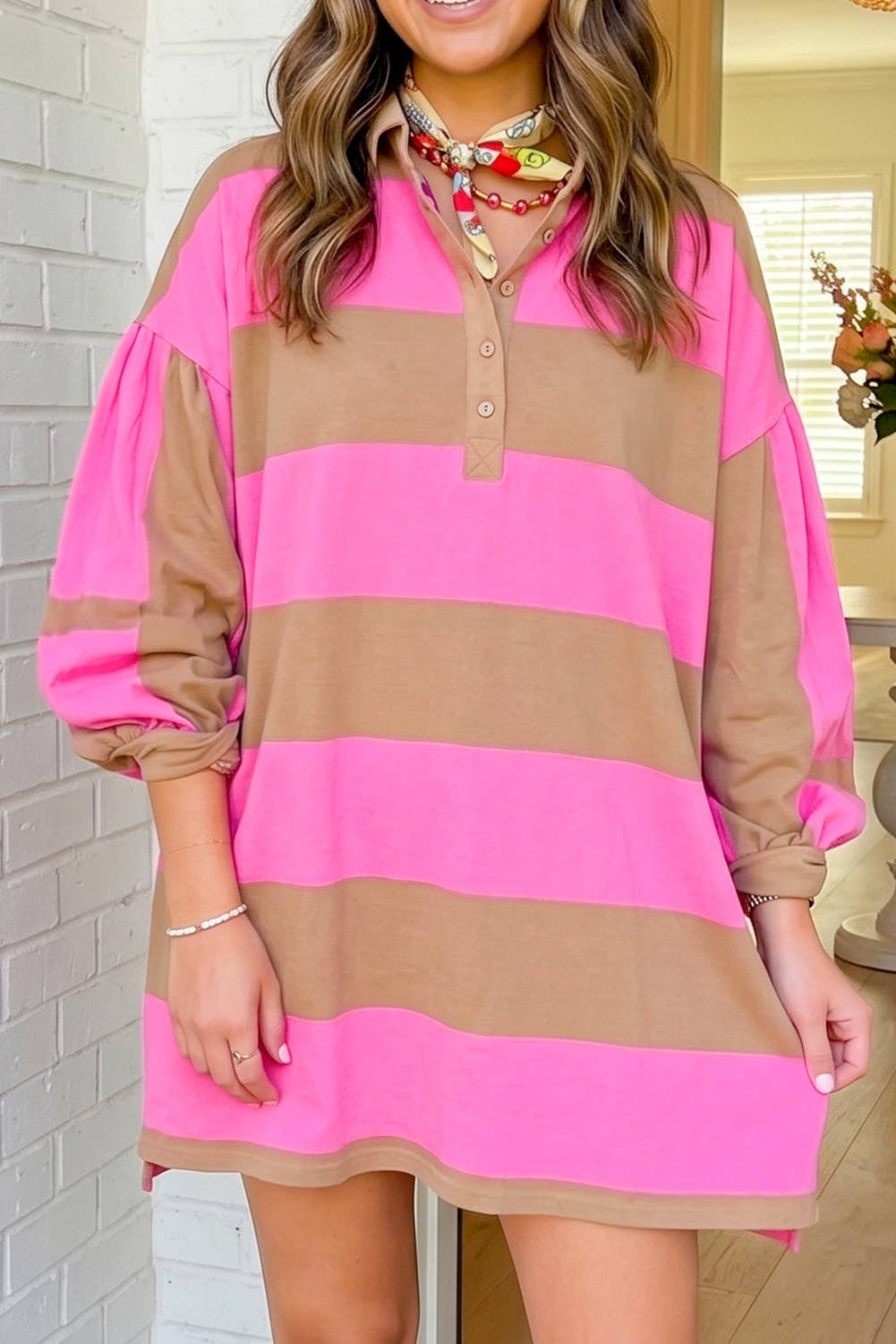 Striped Colorblock Button-Down Shirt Mini Dress – Long Sleeve