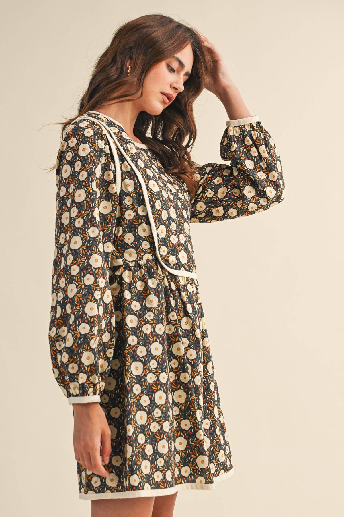 Quilted Floral Mini Dress – Puff Sleeve Open Back Detail