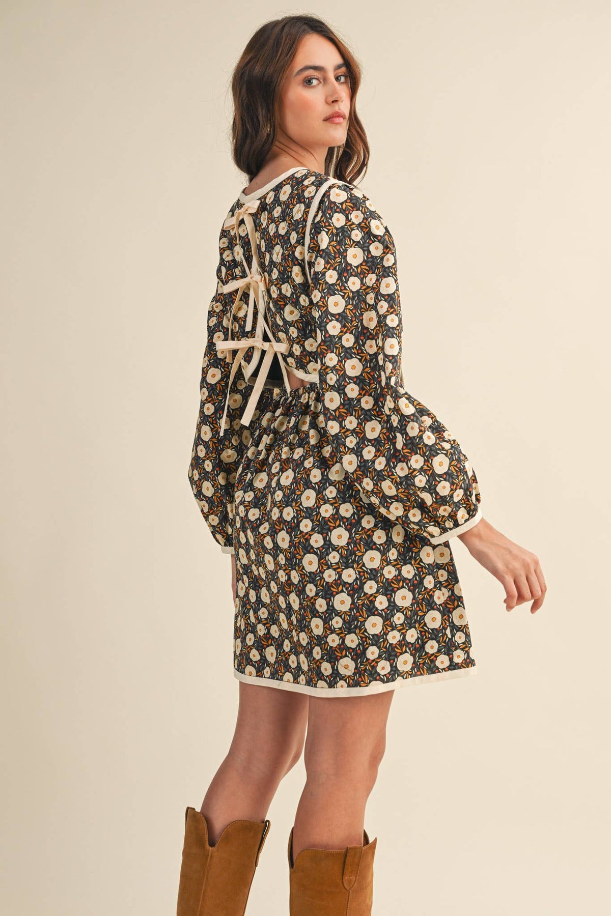 Quilted Floral Mini Dress – Puff Sleeve Open Back Detail