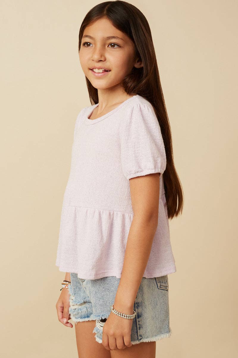 Girls Textured Puff Sleeve Asymmetric Panel Knit Top