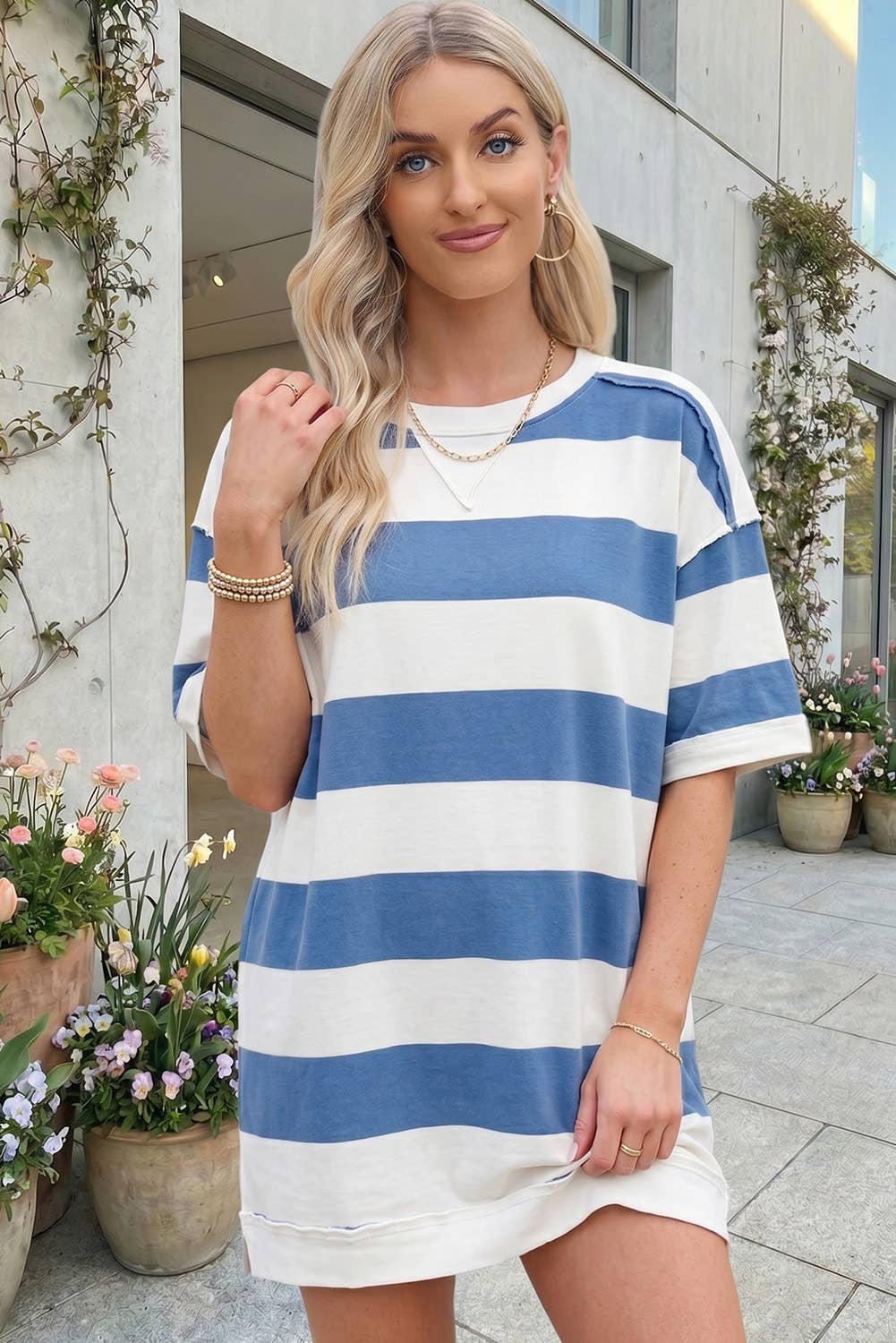Stripe Raw Seam Shoulder Detail Casual Tee Dress