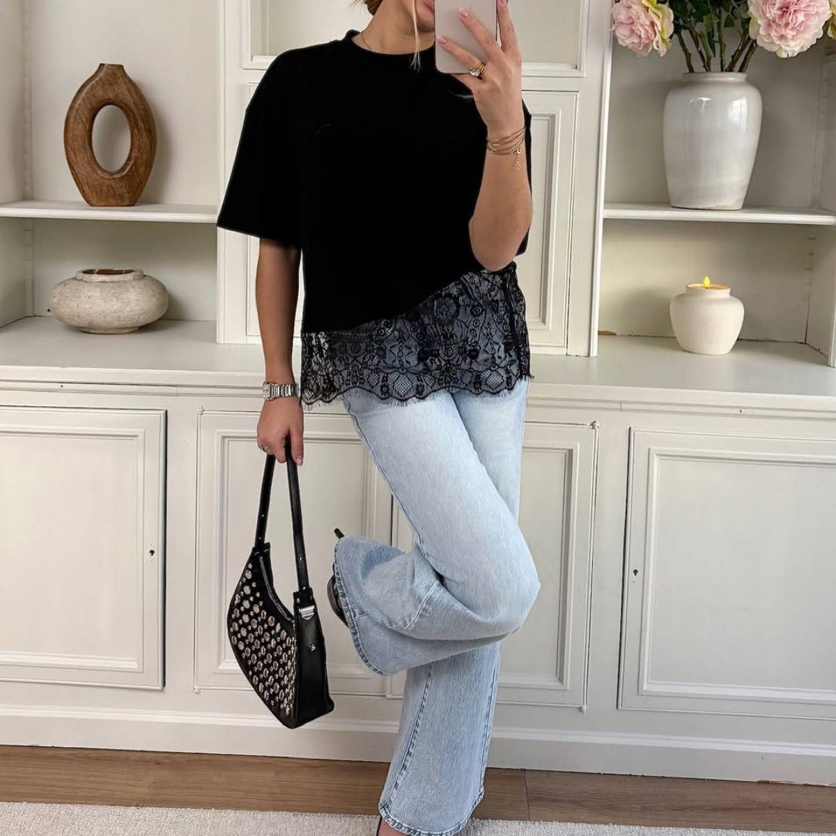 Lace Hem Layered Oversized Tee Top