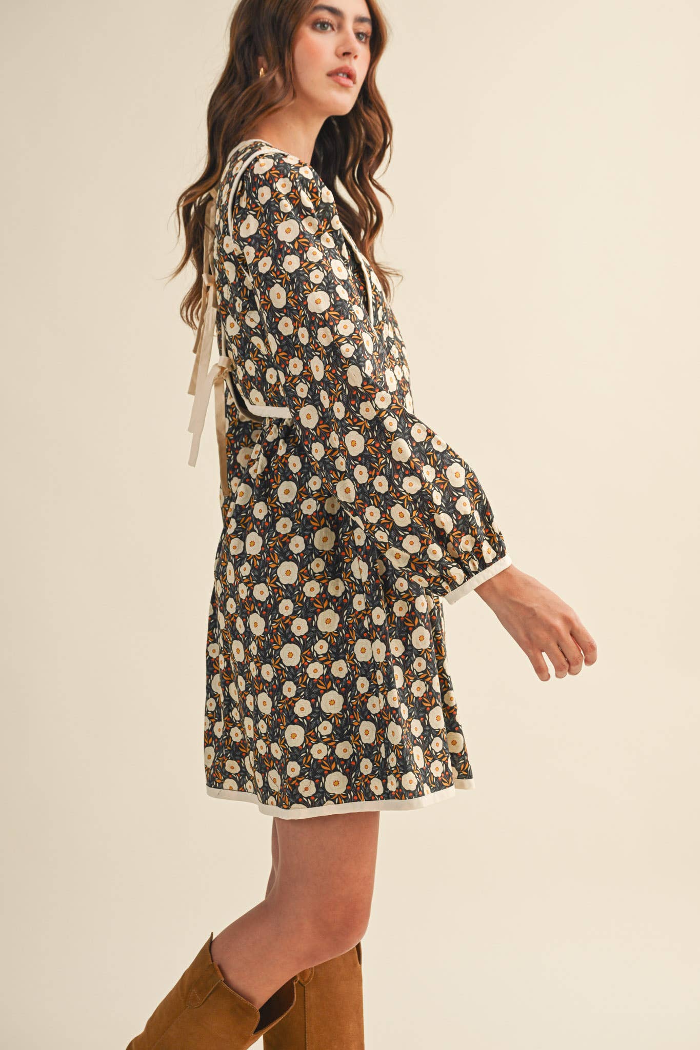 Quilted Floral Mini Dress – Puff Sleeve Open Back Detail