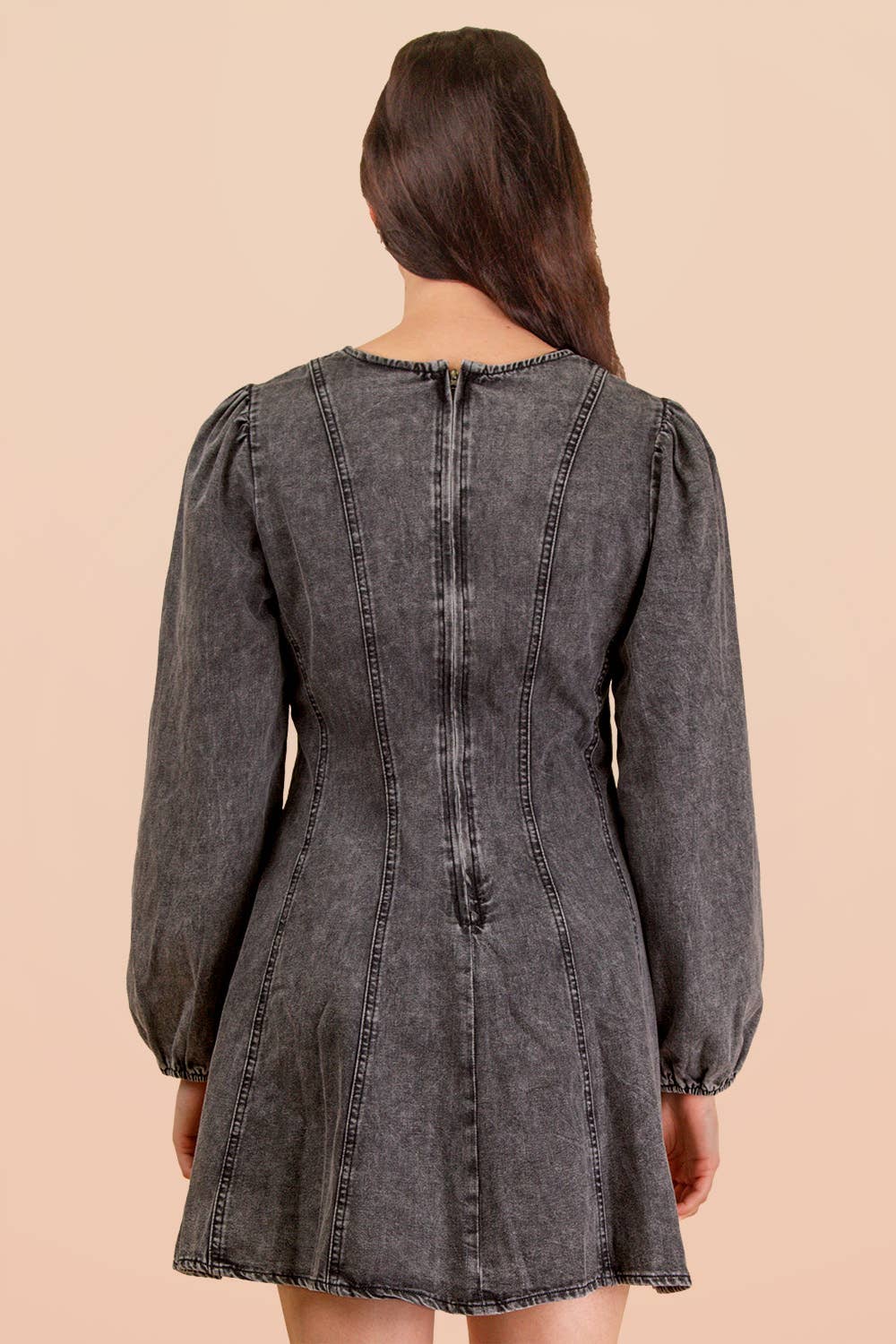 Mineral Washed Denim Mini Dress – Long Sleeve Round Neck