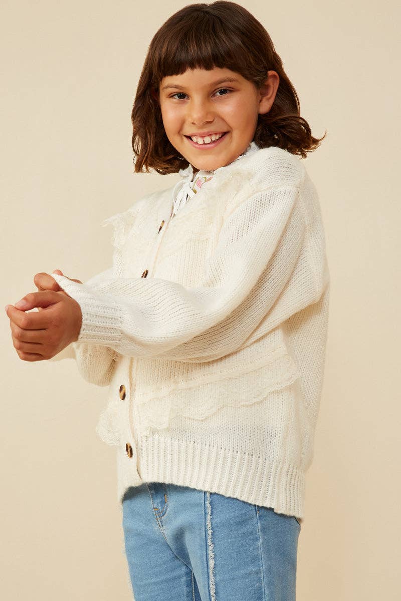 Girls Lace Frilled Buttoned Sweater Cardigan