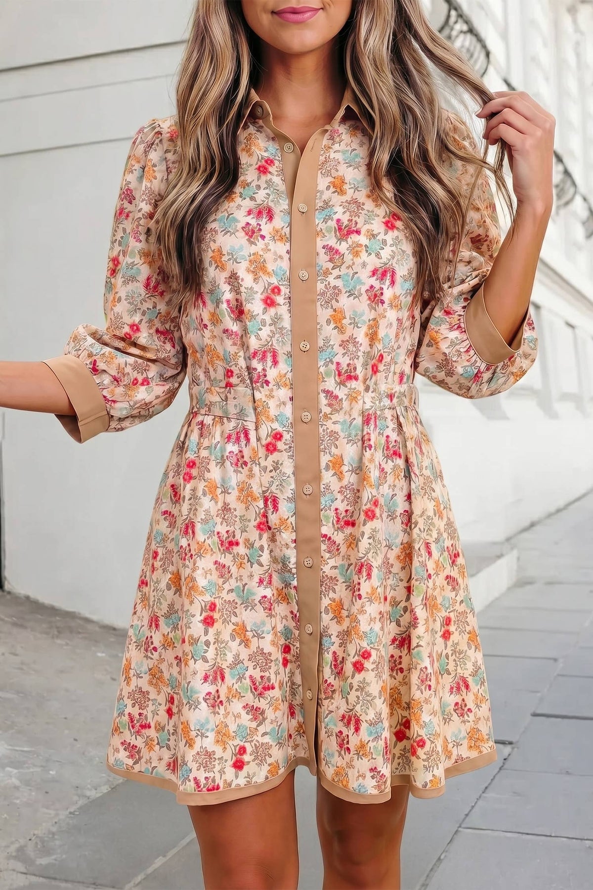 Floral 3/4 Sleeve Buckle Belt Mini Dress | S-XL