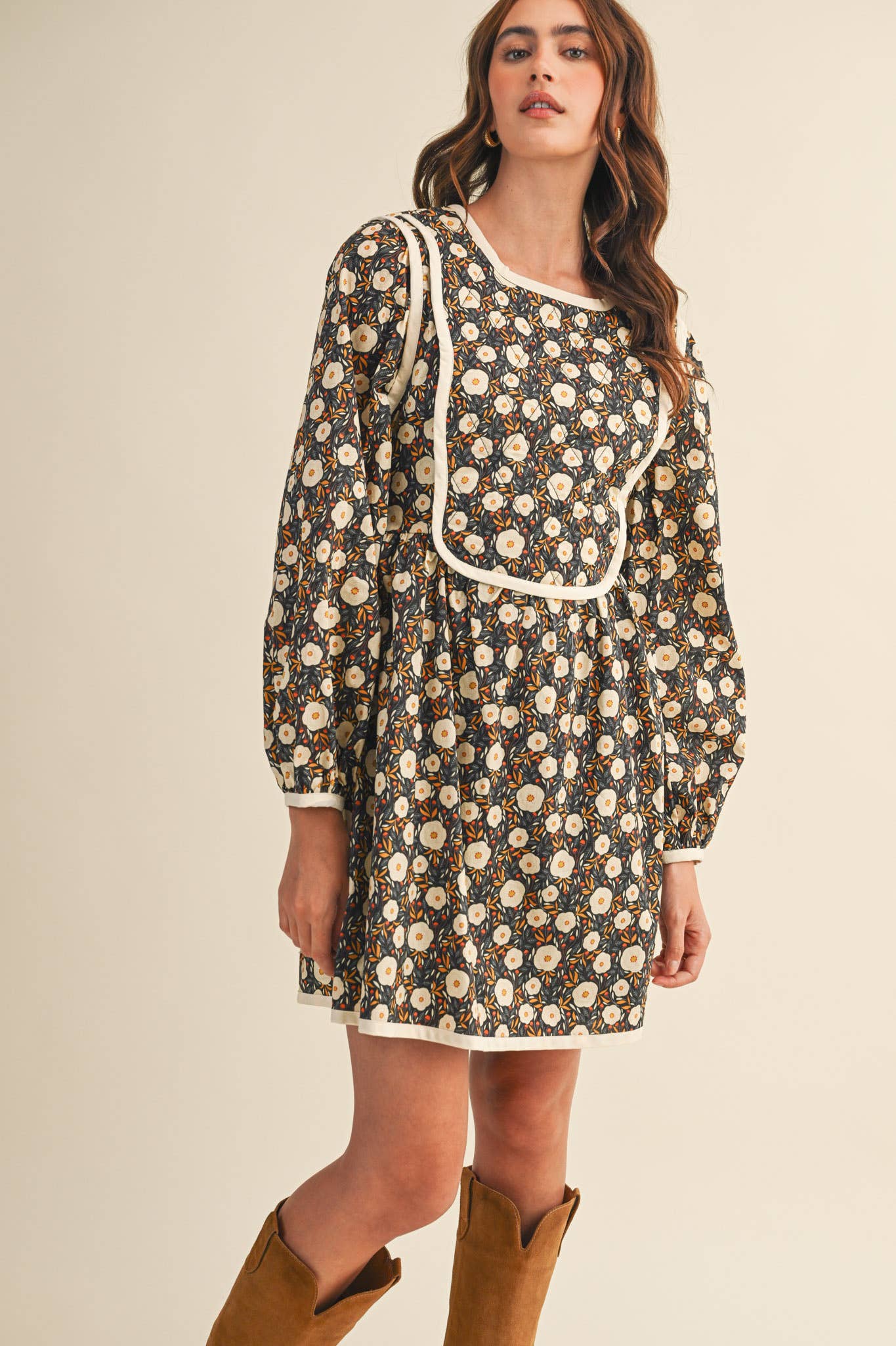 Quilted Floral Mini Dress – Puff Sleeve Open Back Detail