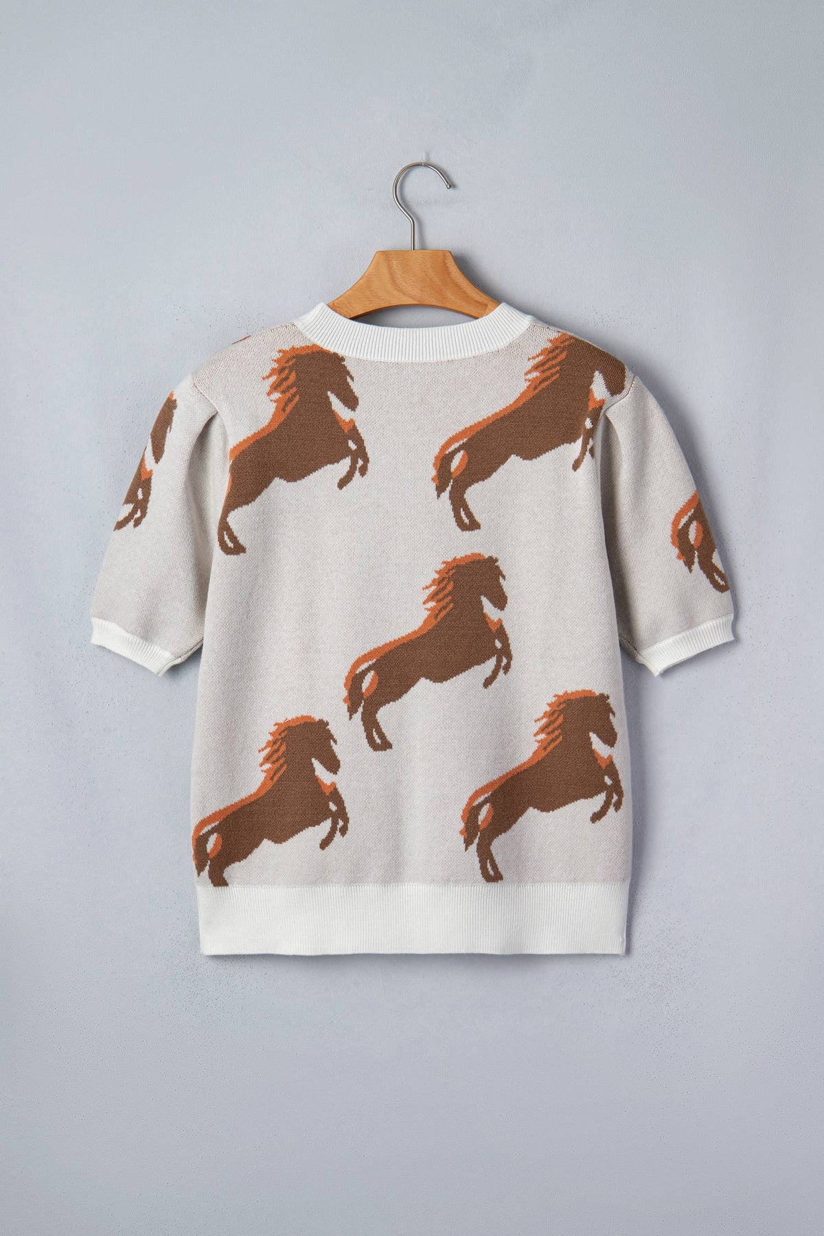 Western Horse Printed Short Puff Sleeve Sweater
