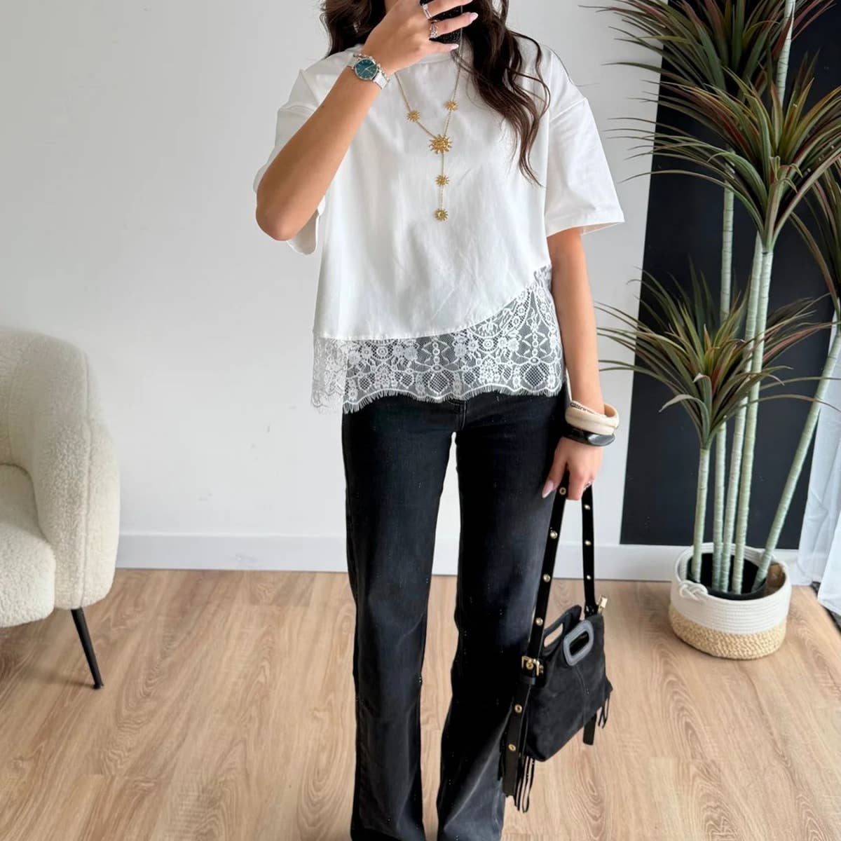 Lace Hem Layered Oversized Tee Top