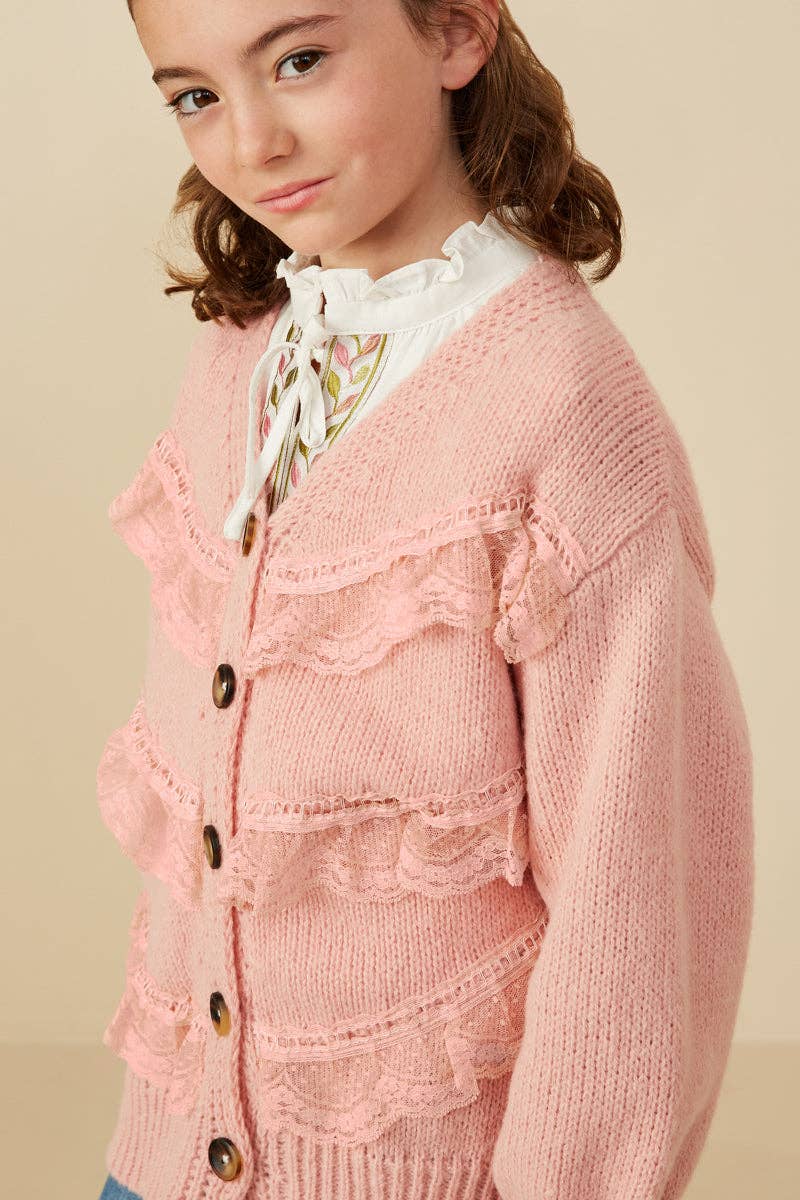 Girls Lace Frilled Buttoned Sweater Cardigan