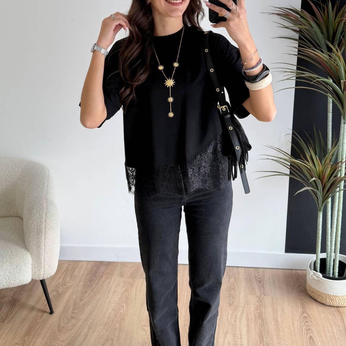 Lace Hem Layered Oversized Tee Top