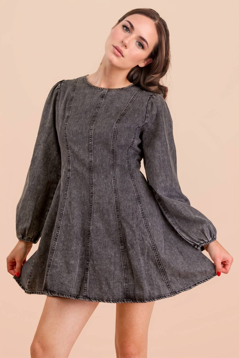 Mineral Washed Denim Mini Dress – Long Sleeve Round Neck