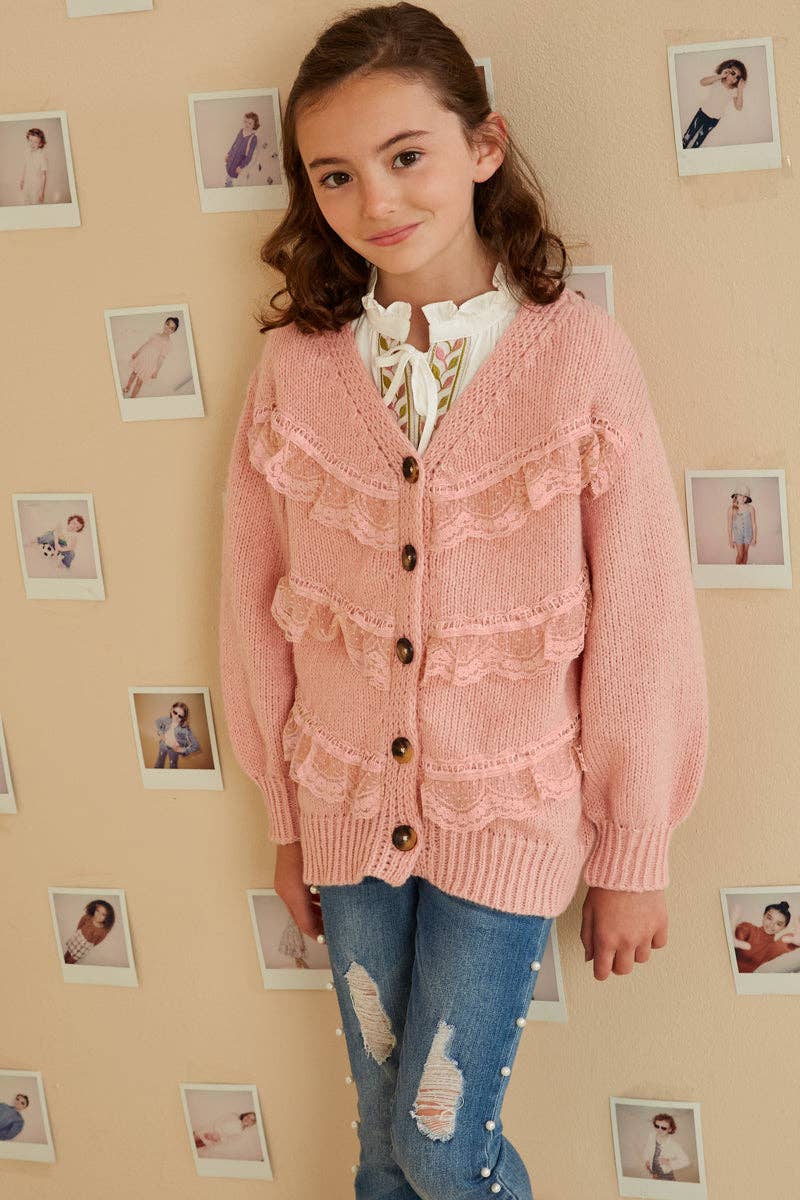 Girls Lace Frilled Buttoned Sweater Cardigan