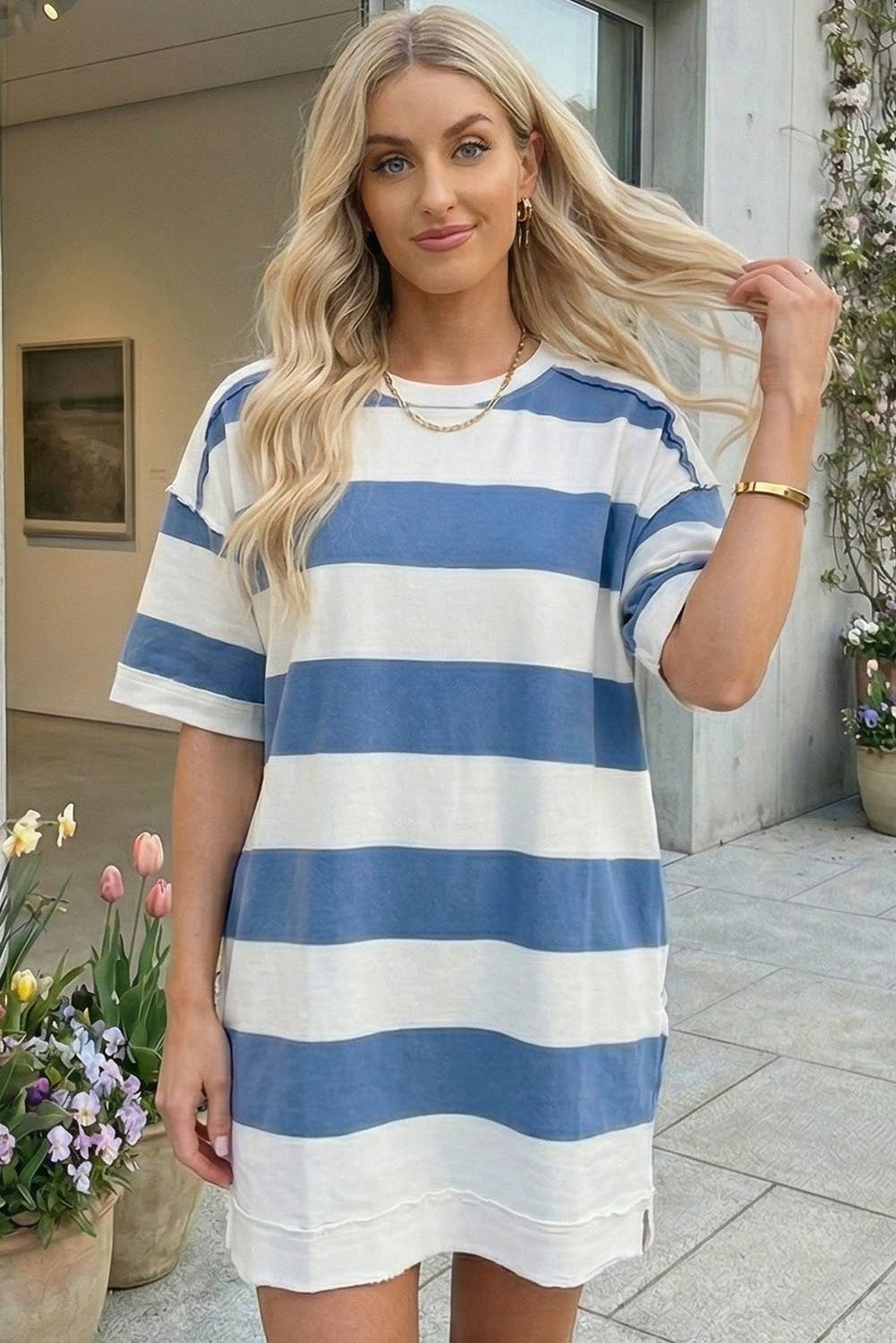 Stripe Raw Seam Shoulder Detail Casual Tee Dress