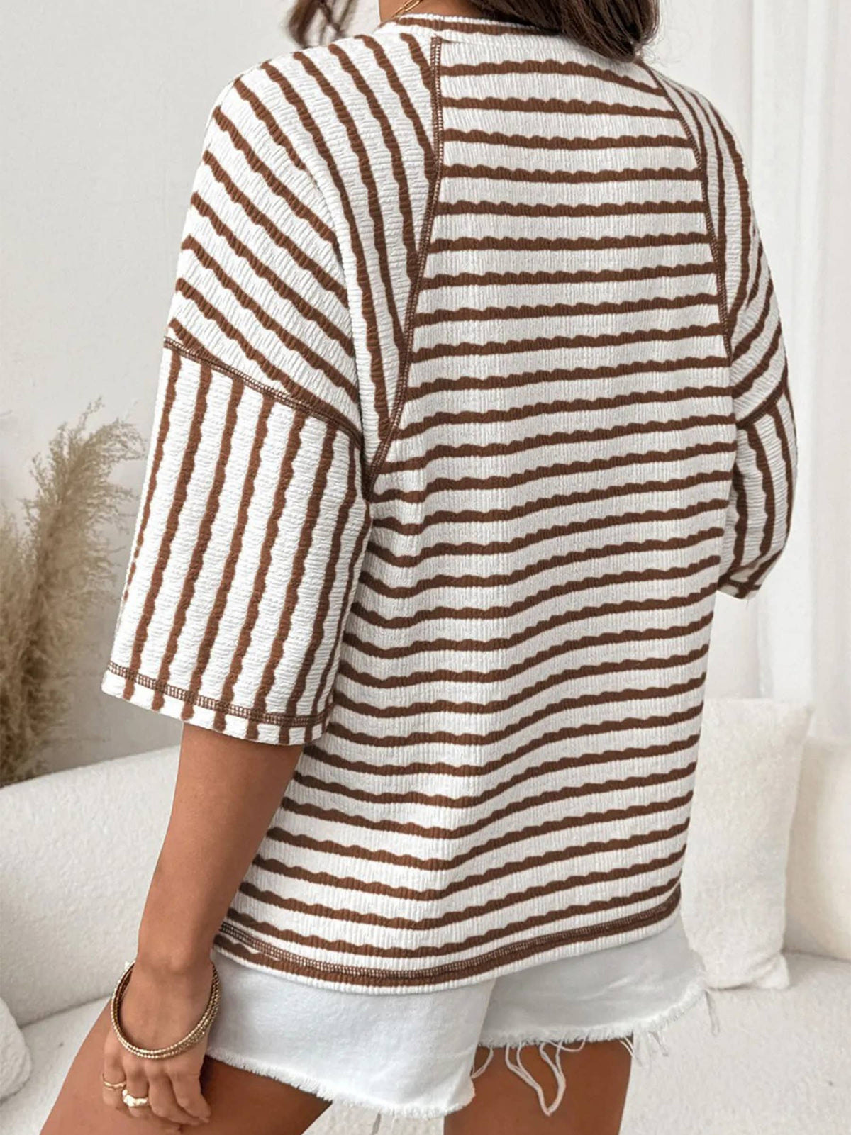 Striped Crew Neck Short Sleeve Blouse