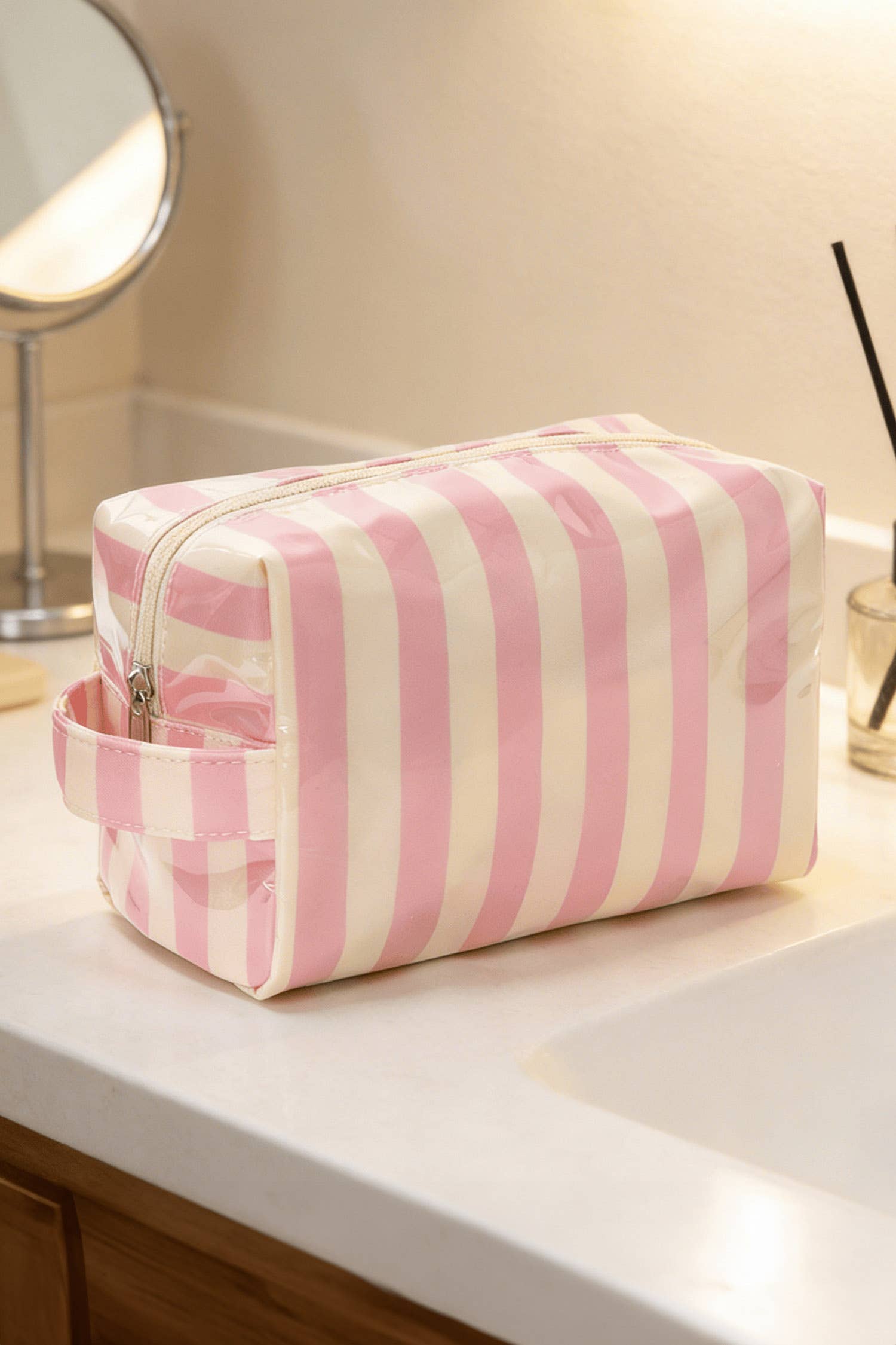 LAS Striped Durable Zipper Handle Cosmetic Bag