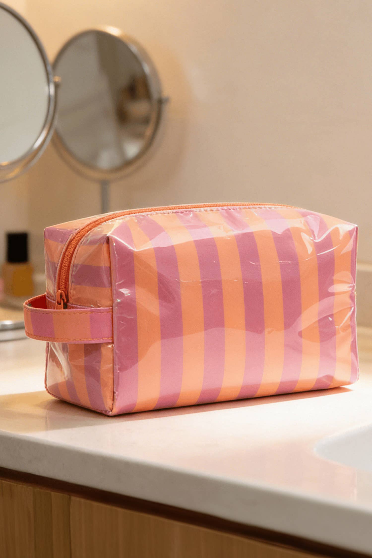 LAS Striped Durable Zipper Handle Cosmetic Bag