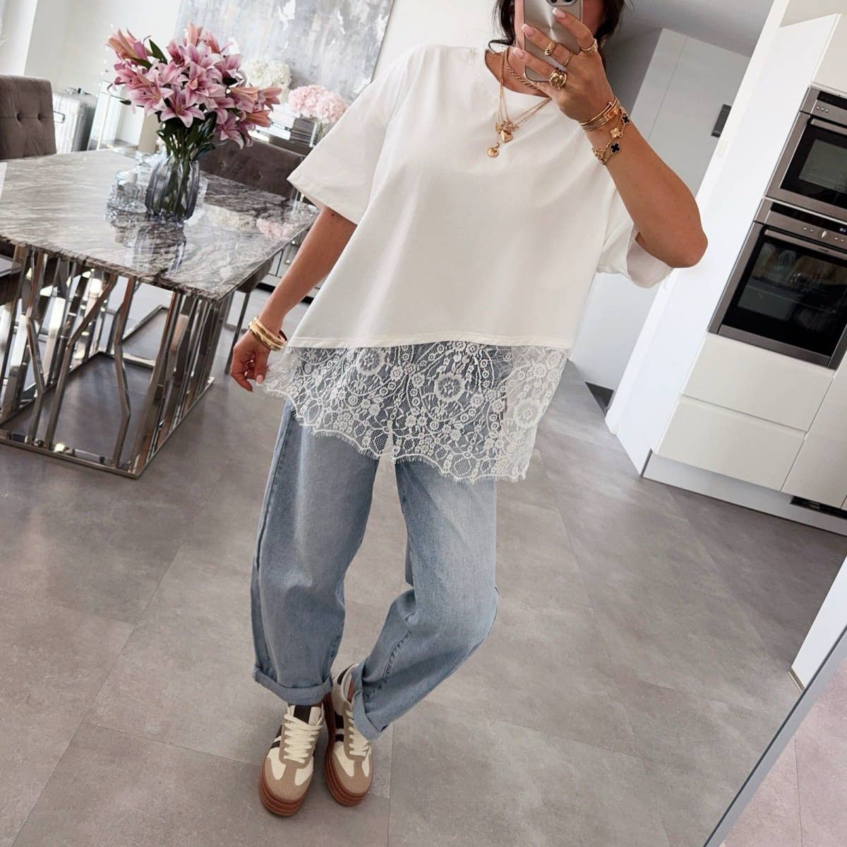 Lace Hem Layered Oversized Tee Top