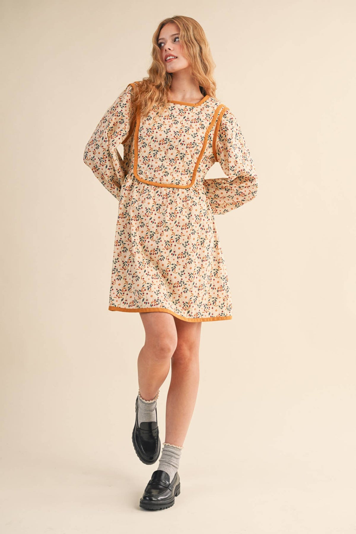 Quilted Floral Mini Dress – Puff Sleeve Open Back Detail