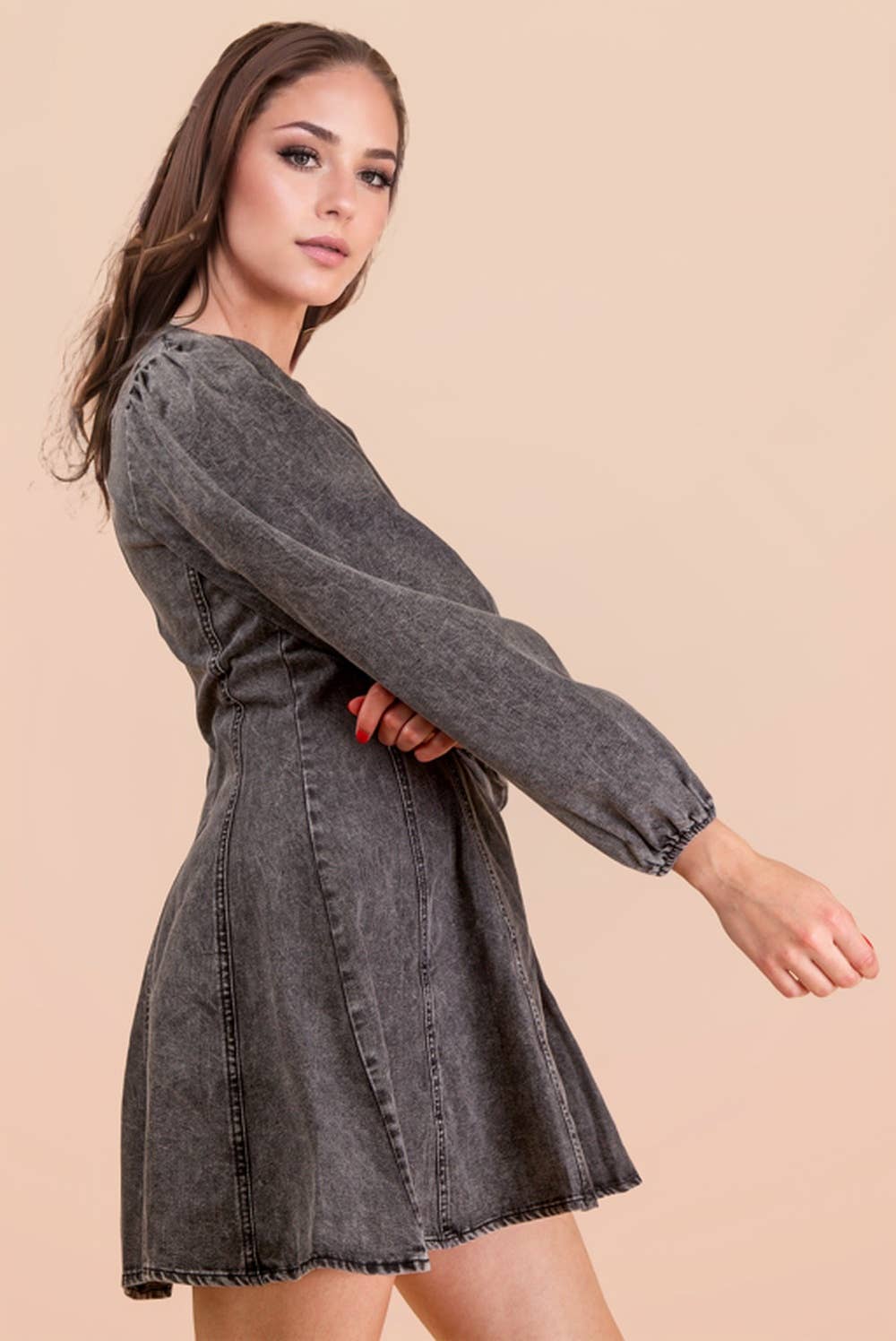 Mineral Washed Denim Mini Dress – Long Sleeve Round Neck