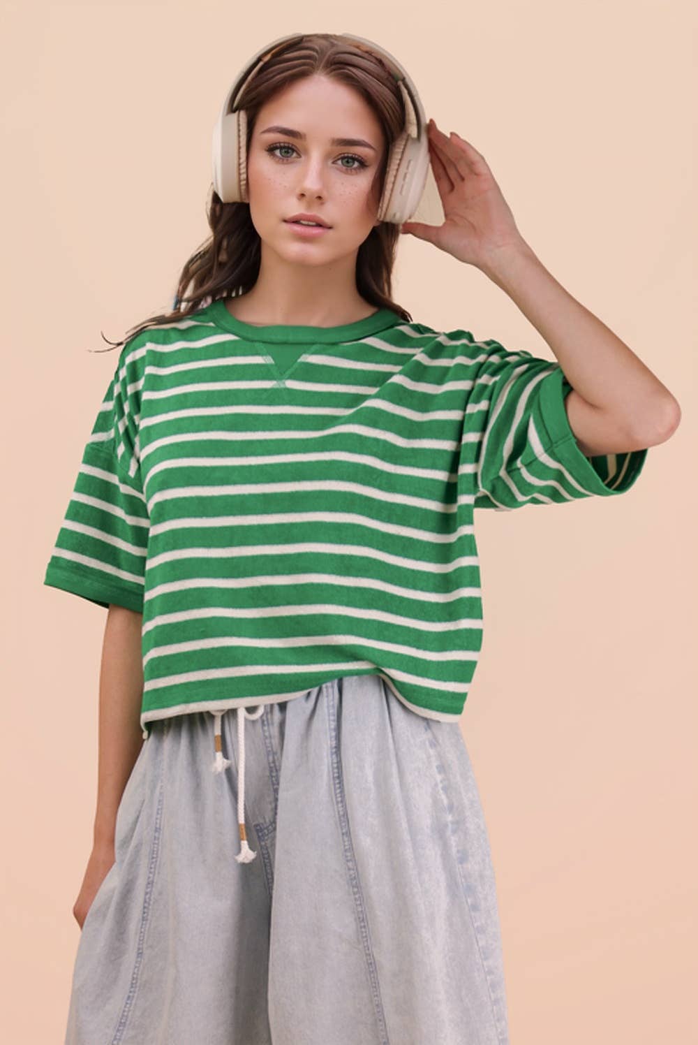 Oversized Striped Knit Top – Drop Shoulder Short Sleeve