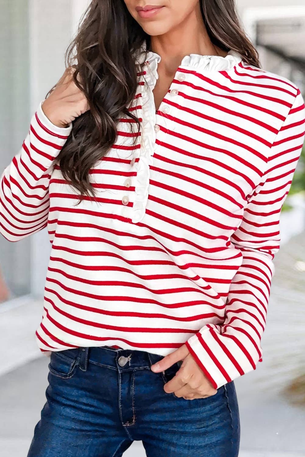 Stripe Frilled Neck Long Sleeve Top
