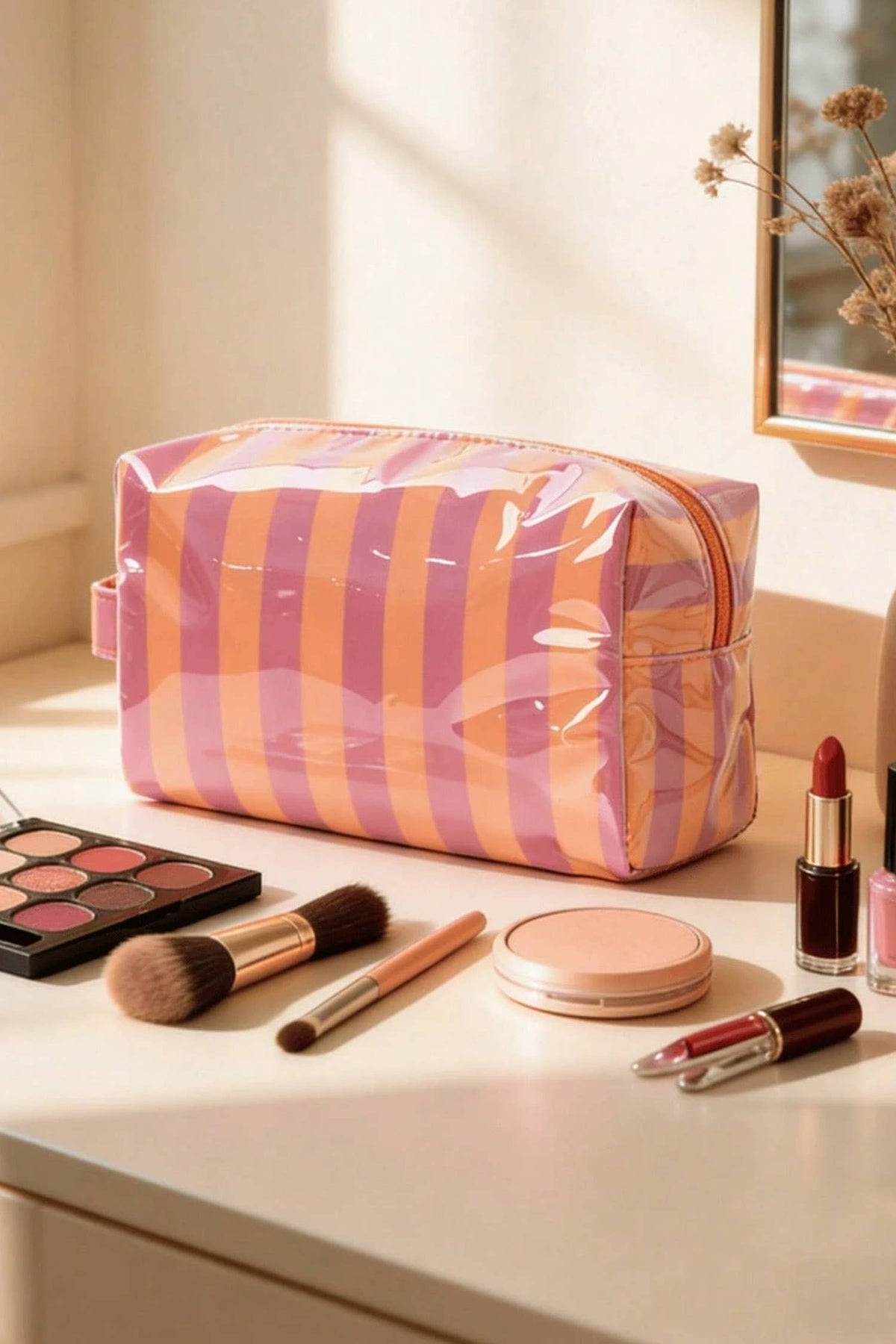 LAS Striped Durable Zipper Handle Cosmetic Bag