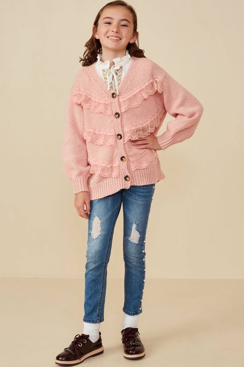 Girls Lace Frilled Buttoned Sweater Cardigan