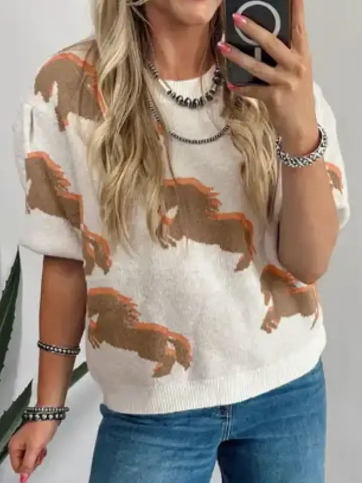 Western Horse Printed Short Puff Sleeve Sweater