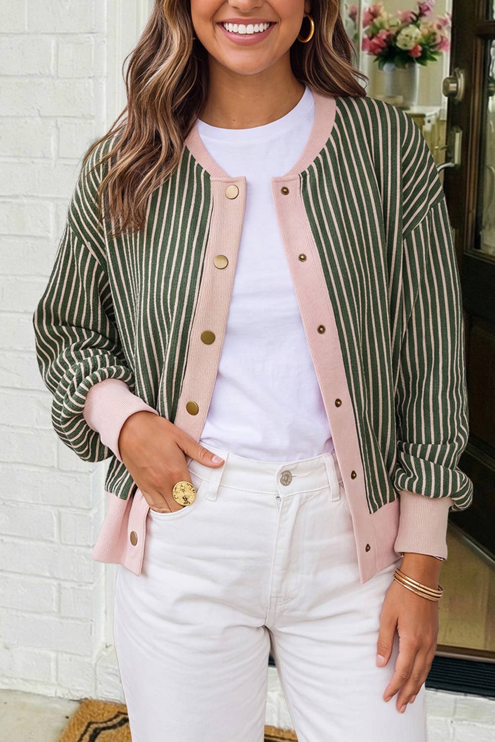 Striped Patchwork Snap Button Cardigan
