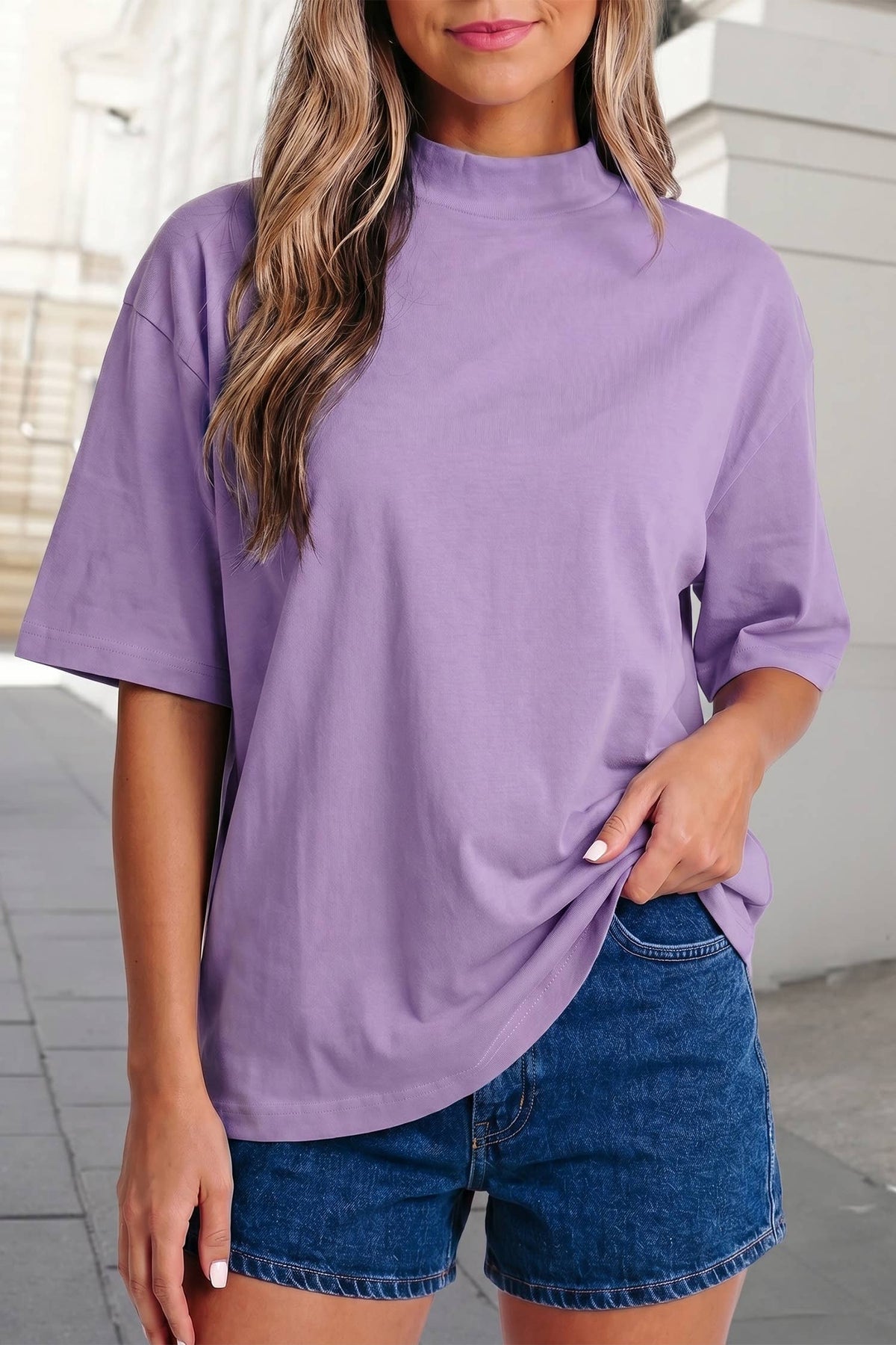 Solid Color Mock Neck Loose Fit Tee | S-XL