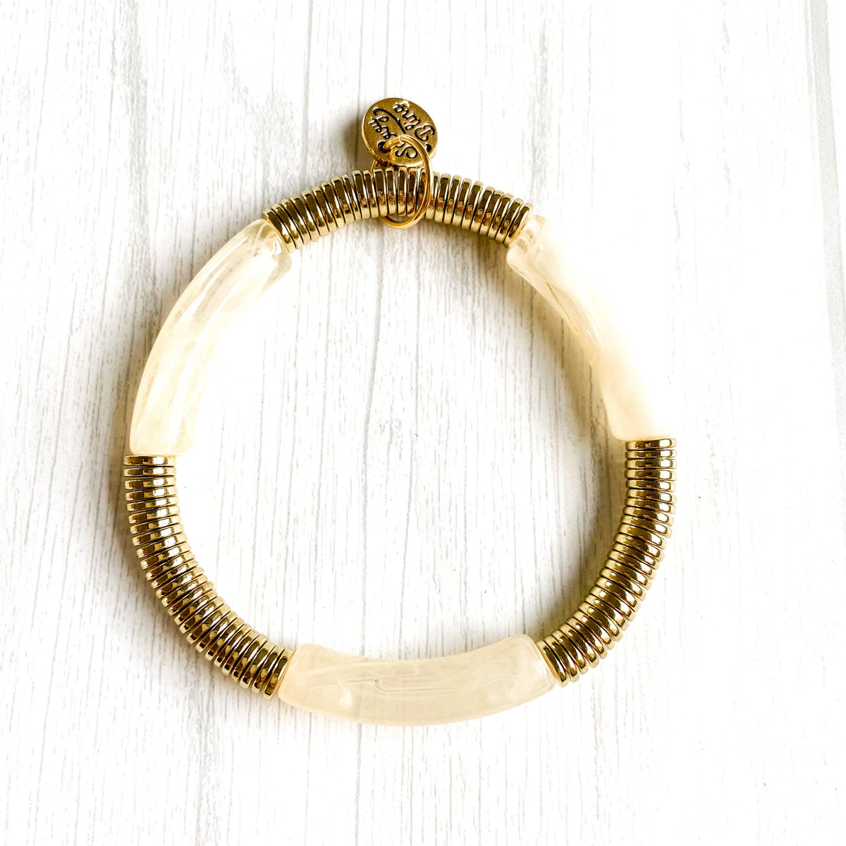 Clear Ivory Marble Acrylic Tube Bamboo Bracelet
