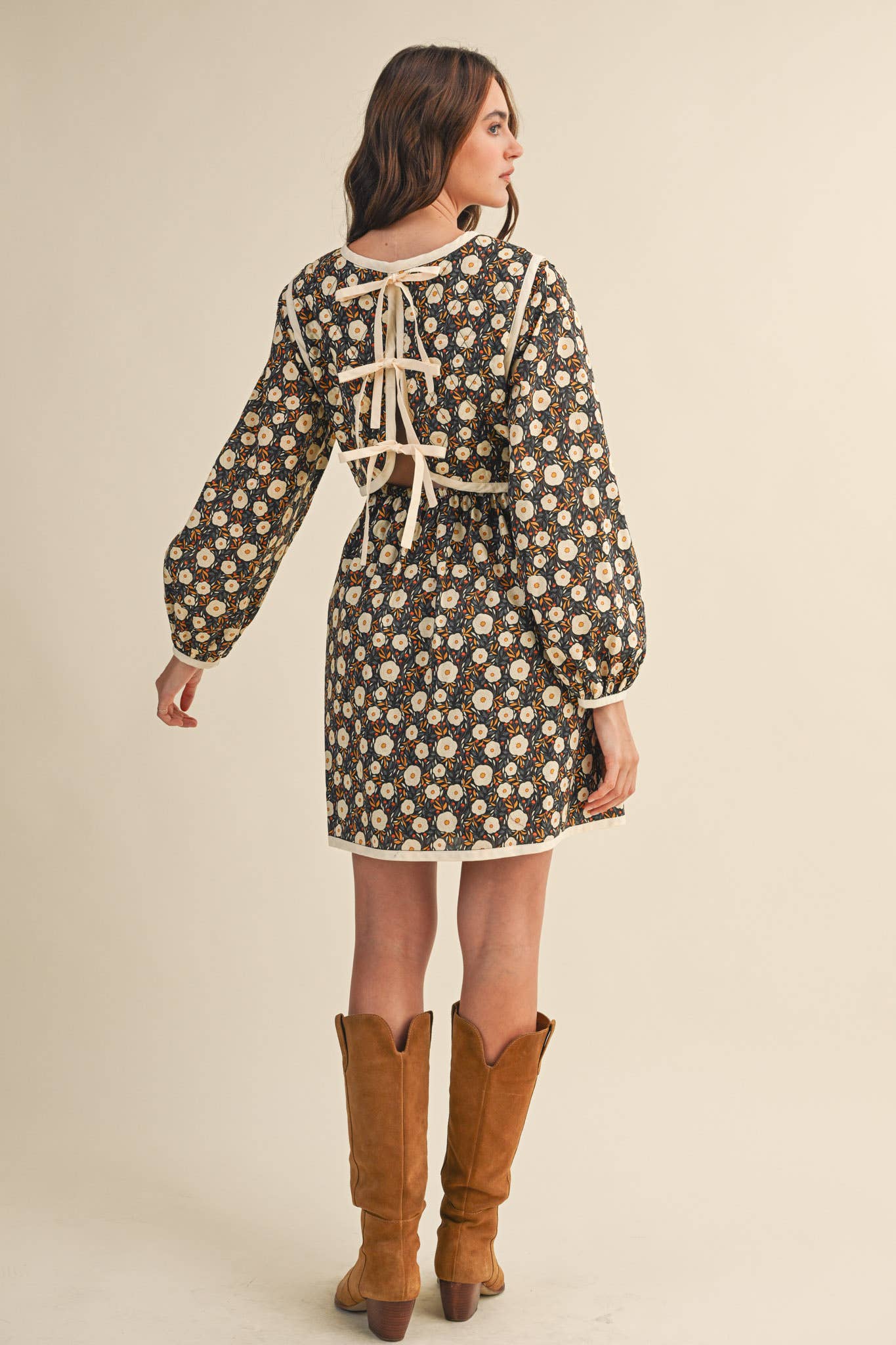 Quilted Floral Mini Dress – Puff Sleeve Open Back Detail