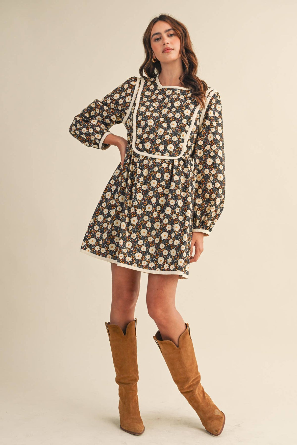 Quilted Floral Mini Dress – Puff Sleeve Open Back Detail