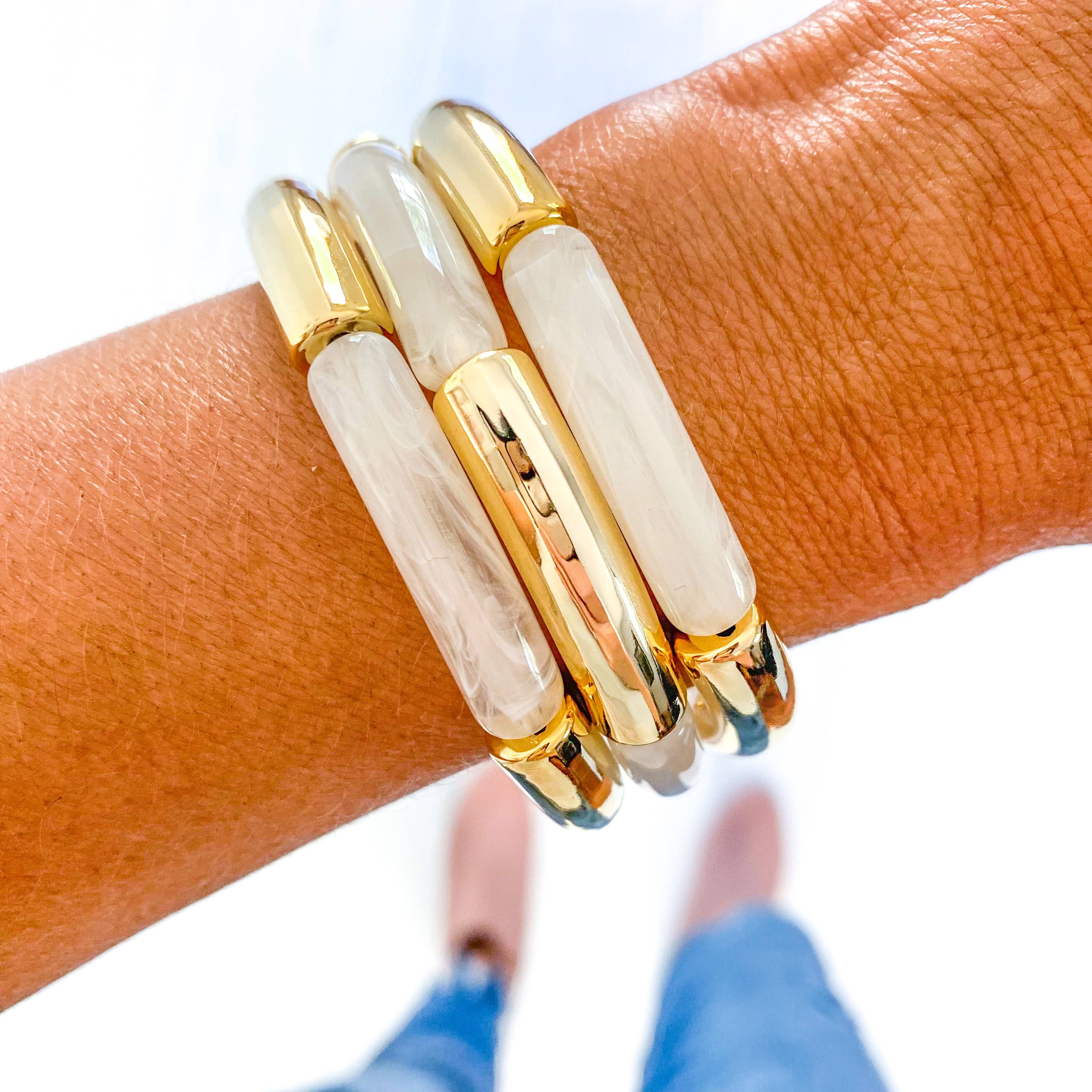 Clear Ivory Marble Acrylic Tube Bamboo Bracelet