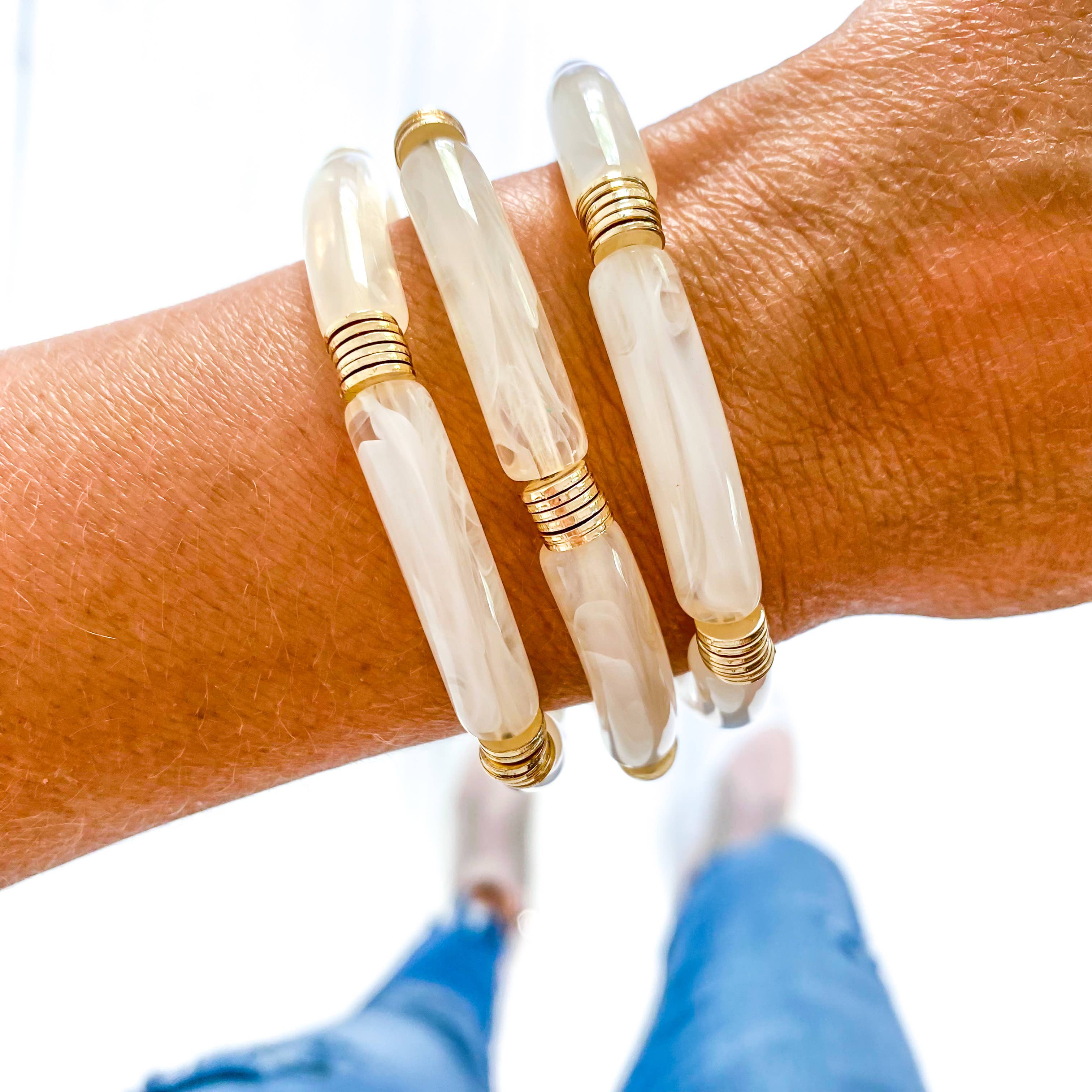 Clear Ivory Marble Acrylic Tube Bamboo Bracelet