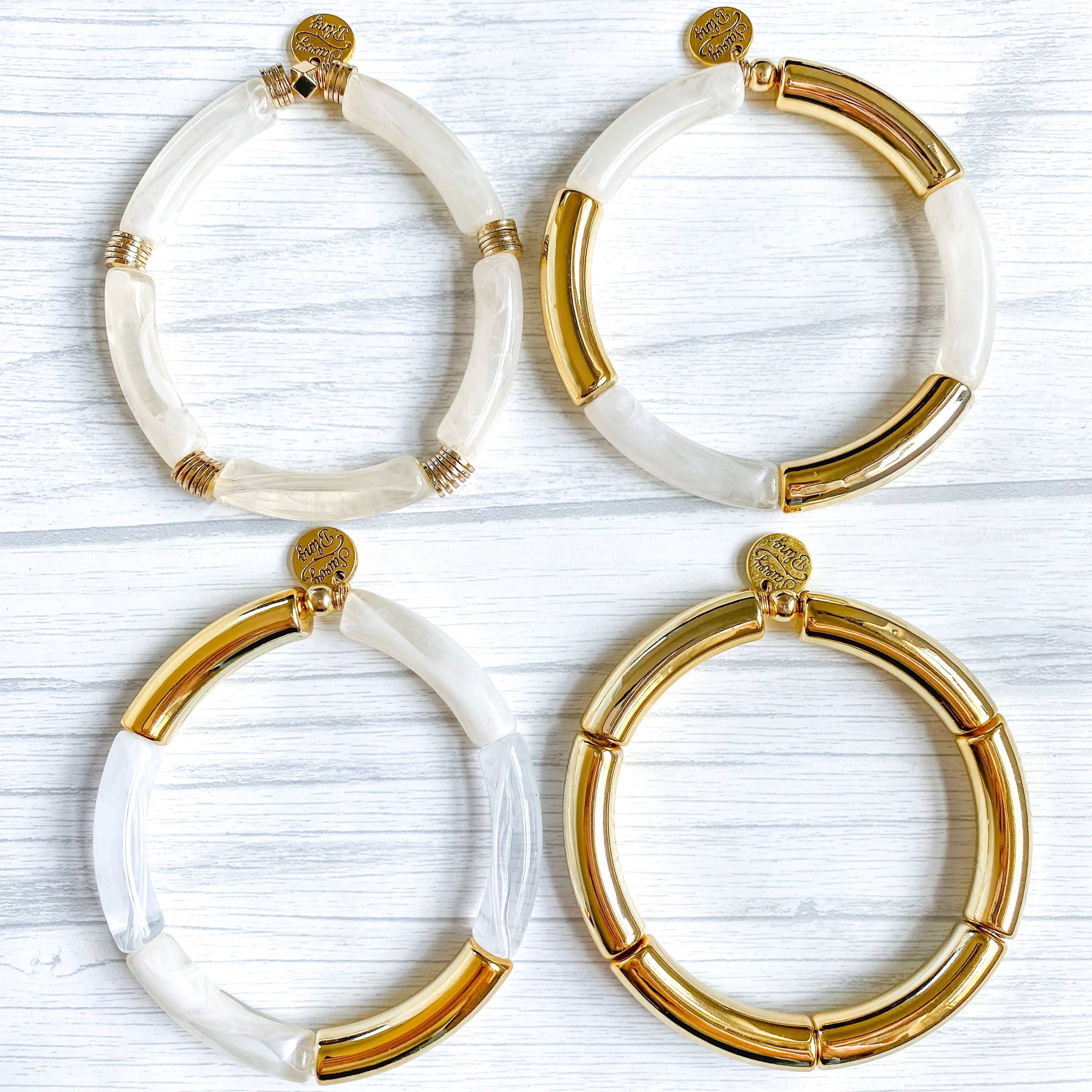 Clear Ivory Marble Acrylic Tube Bamboo Bracelet